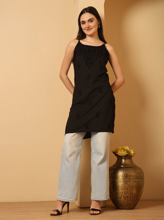 Black Cotton Lucknowi Chikankari Sleeveless Short Kurti for Women with Hand Embroidery – Lightweight Ethnic Wear Top