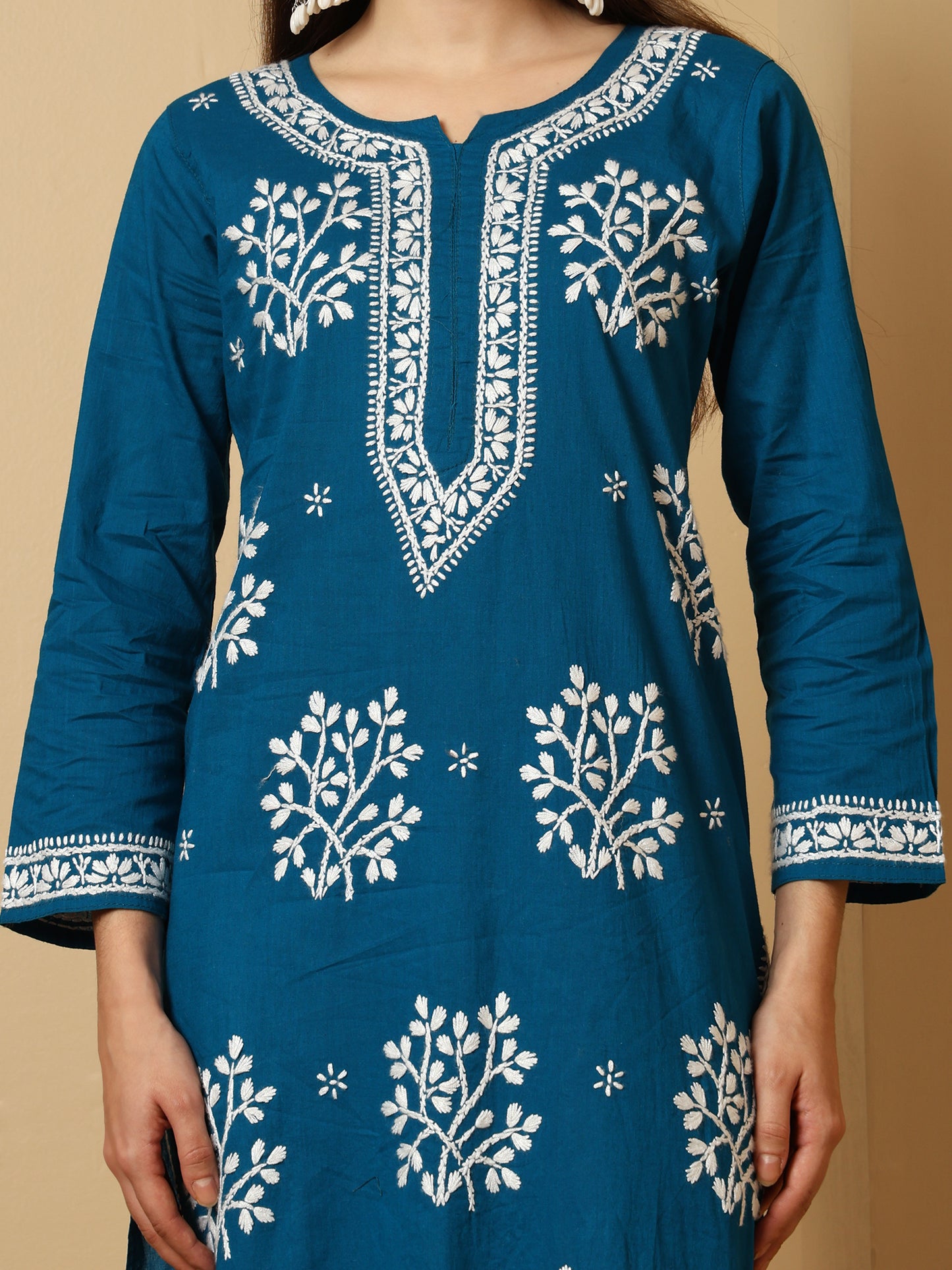 Blue Cotton Lucknowi Chikankari Long Kurta for Women with Hand Embroidery – Ethnic Wear Kurti