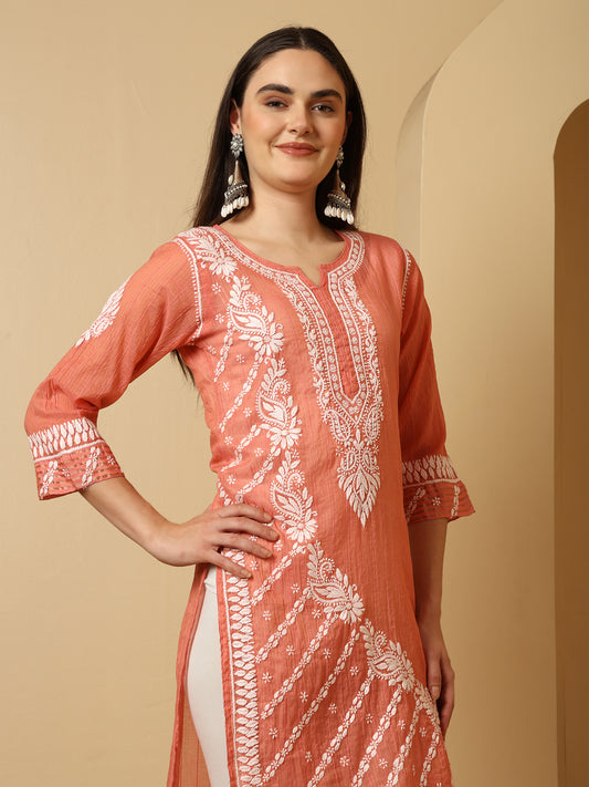 Peach Rusty Rose Mul Chanderi Lucknowi Chikankari Long Kurta for Women with Hand Embroidery – Ethnic Wear Kurti