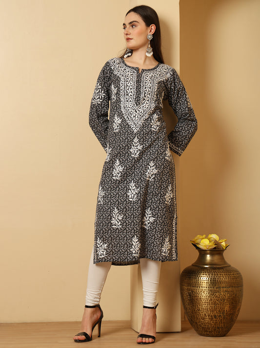 Black Brasso Cotton Lucknowi Chikankari Long Kurta for Women with White Hand Embroidery – Ethnic Wear Kurti