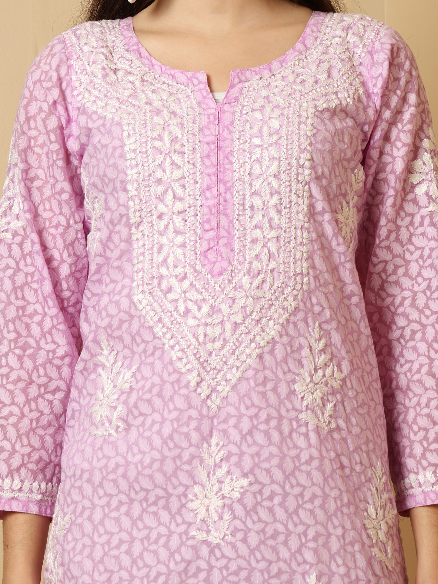 Lavender Brasso Cotton Lucknowi Chikankari Long Kurta for Women with White Hand Embroidery – Ethnic Wear Kurti