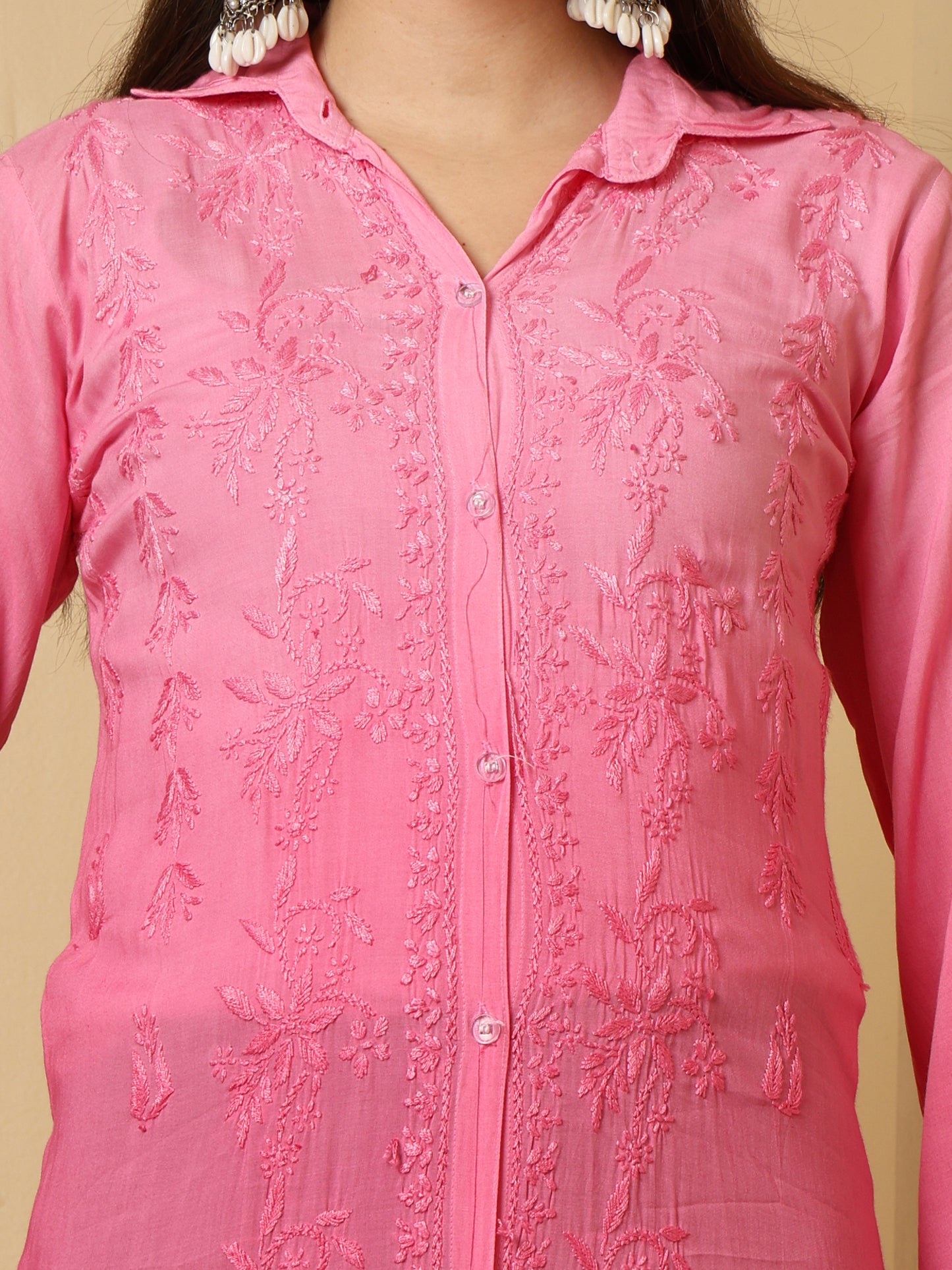 Pink Ombre Modal Lucknowi Chikankari Long Kurta for Women with Hand Embroidery – Ethnic Wear Kurti