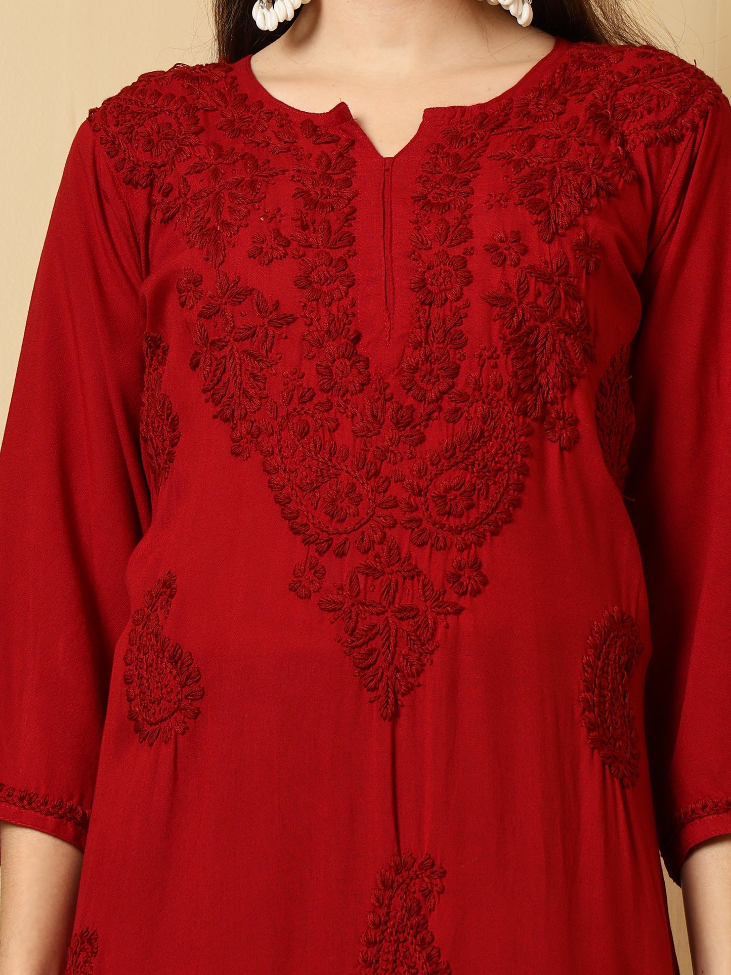 Maroon Rayon Lucknowi Chikankari Long Kurta for Women with Hand Embroidery – Ethnic Wear Kurti