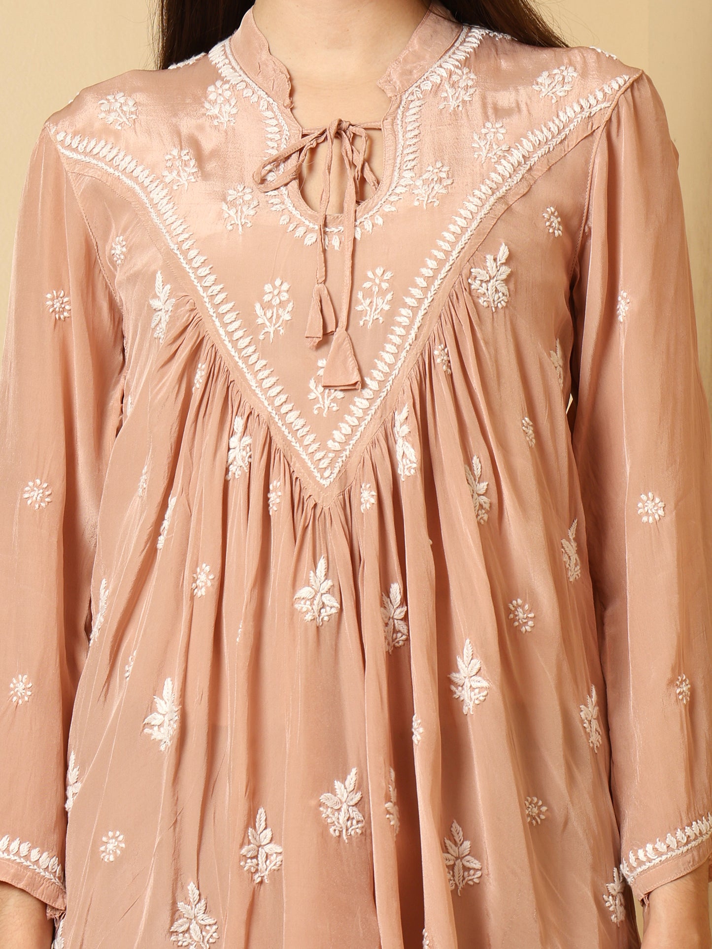 Champagne Pink Crepe Silk Lucknowi Chikankari Short Kurti for Women with Hand Embroidery – Ethnic Wear Top