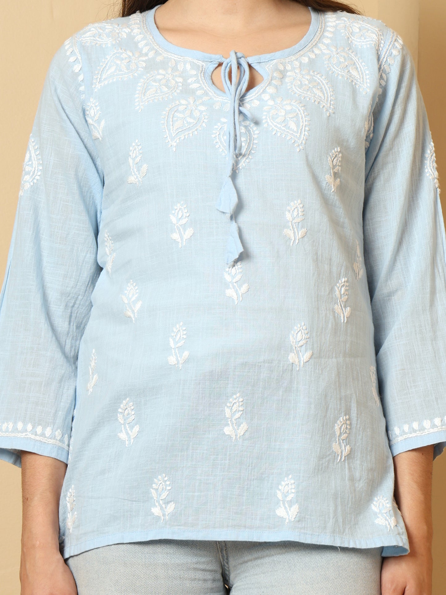 Blue Linen Lucknowi Chikankari Short Kurti for Women with Hand Embroidery – Daily Ethnic Wear Top