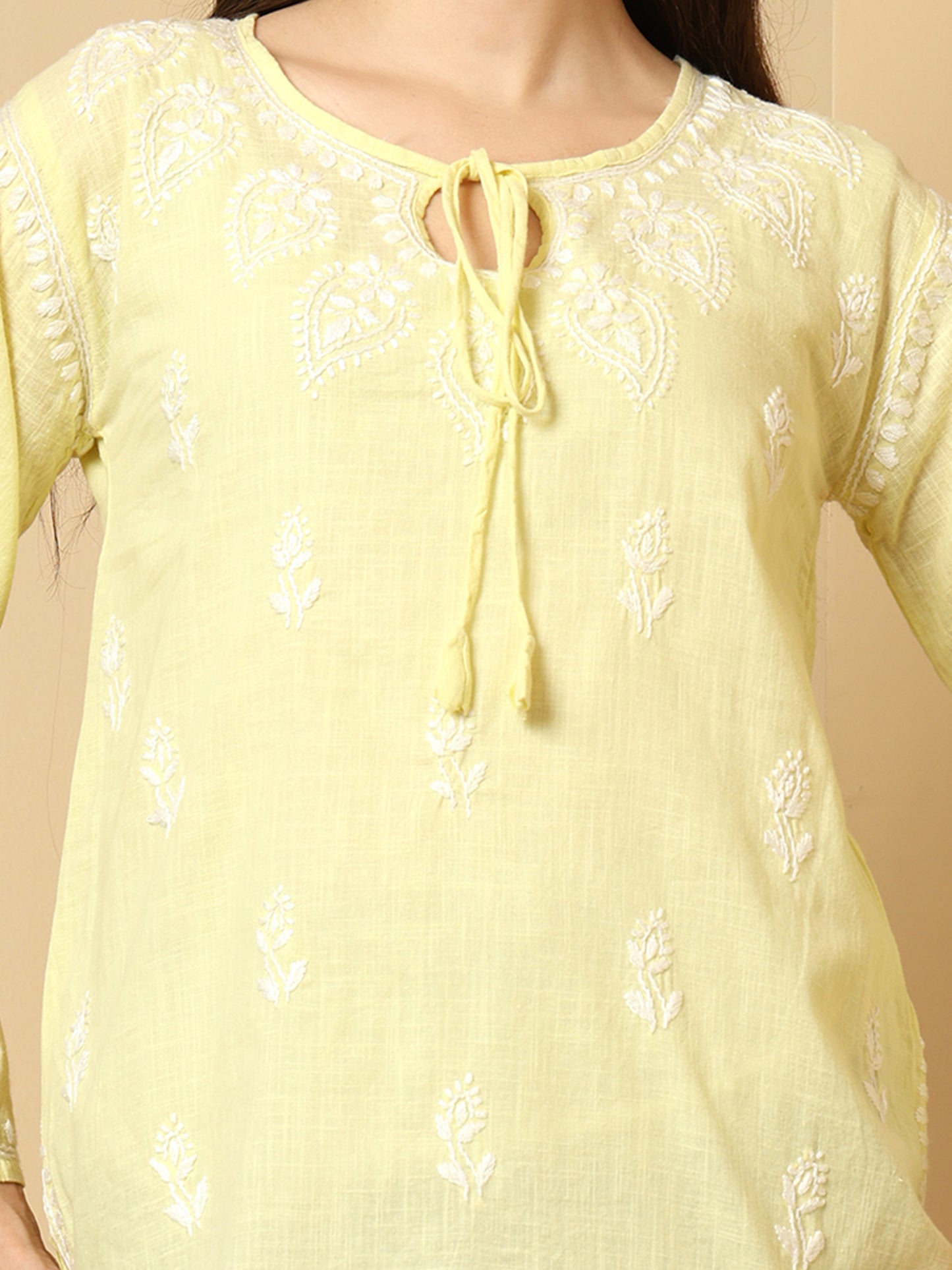 Lemon Yellow Linen Lucknowi Chikankari Short Kurti for Women with Hand Embroidery – Daily Ethnic Wear Top