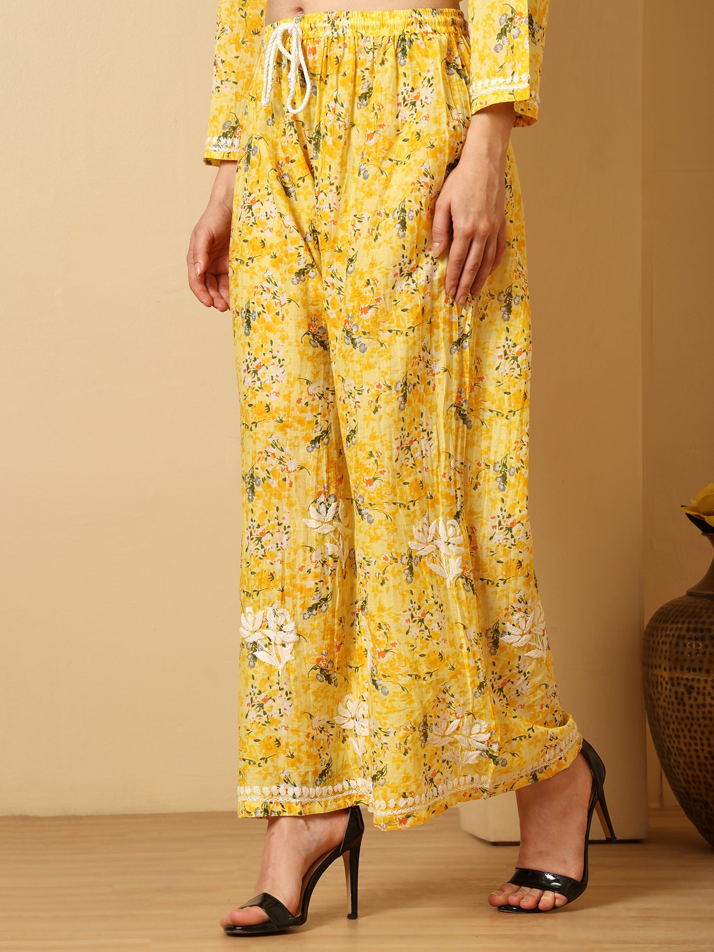 Yellow Mul Cotton Lucknowi Chikankari Kurta Palazzo Set for Women with Hand Embroidery – Long Ethnic Wear Suit Set