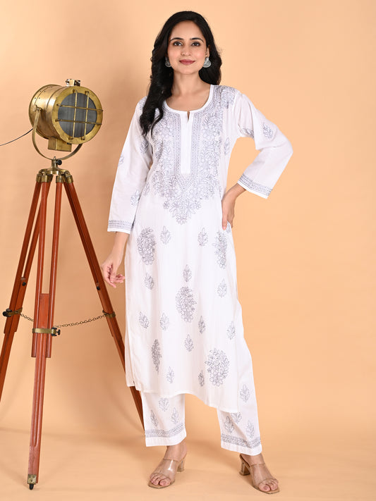 White Cotton Lucknowi Chikankari Kurta with Pajama Set for Women with Grey Thread Hand Embroidery – Ethnic Wear Suit Set
