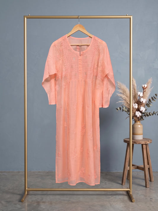 Nazaira Pure Mul Chanderi Semi-Stitched Lucknow Chikankari Suit for Women with Dupatta | Hand Embroidered Naira Cut Gown Style Dress Material | Heavy Cutdana Work | Ethnic Wear | Pastel Peach |