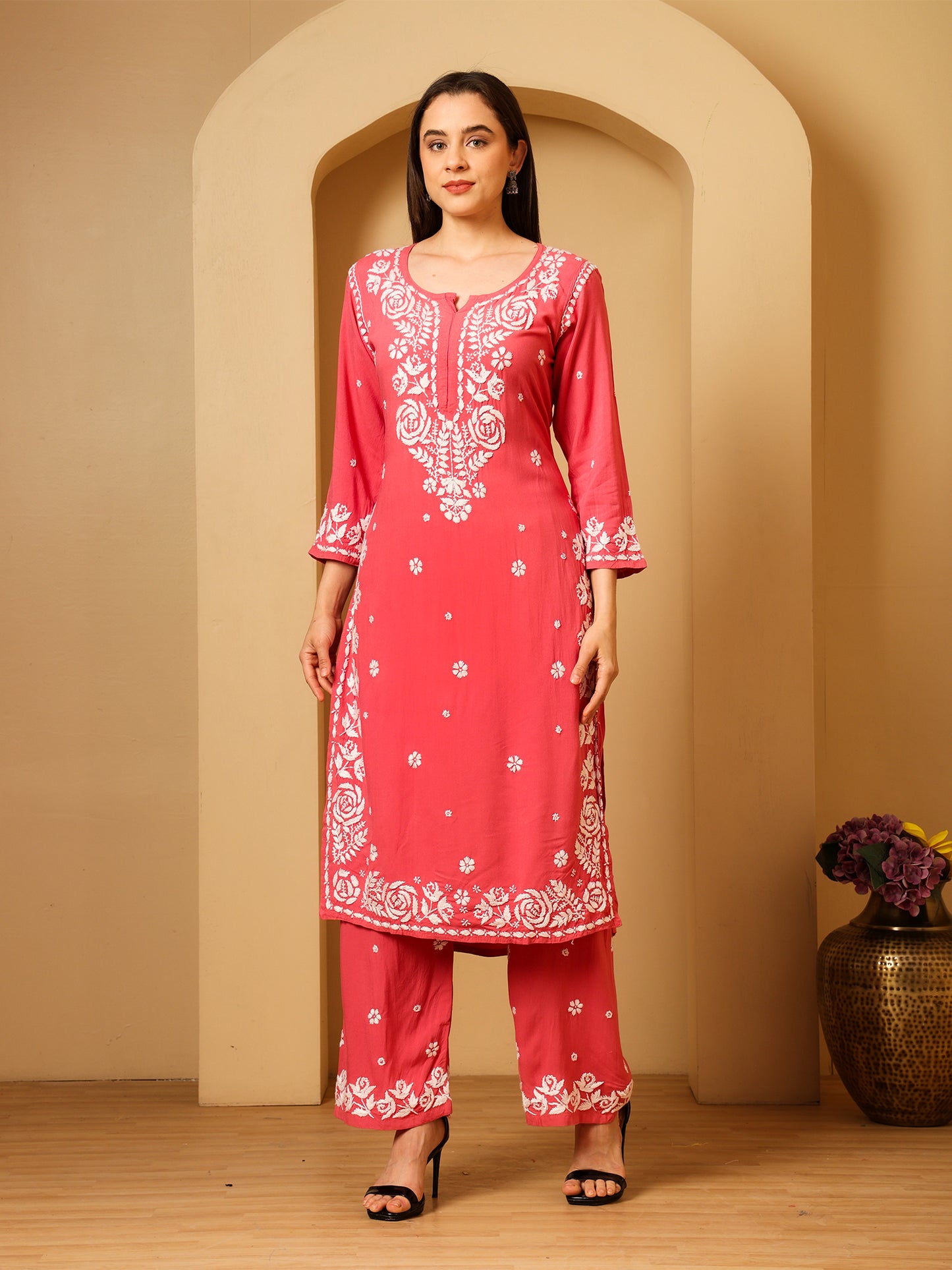 Nazaira Women’s Rayon 3D Work Lucknow Chikankari Kurta with Palazzo Set | Hand Embroidered Lucknawi Chickankari Kurti | Ethnic Wear for Women | Coral Pink |