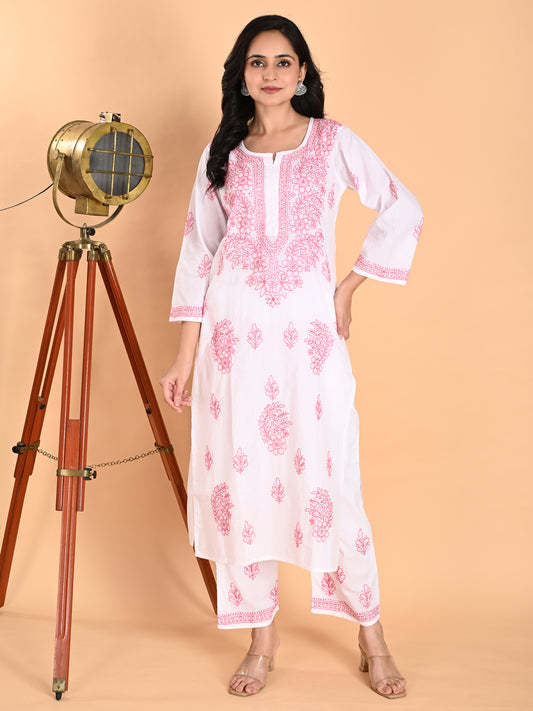 White Cotton Lucknowi Chikankari Kurta with Pajama Set for Women with Pink Thread Hand Embroidery – Ethnic Wear Suit Set