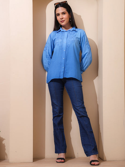 Nazaira Women’s Modal Lucknow Chikankari Shirt for Women | Hand Embroidered Luckhnawi Chickankari Top | Blue Ombre Ethnic Wear Shirt with 3/4 Sleeves | Handmade for Women