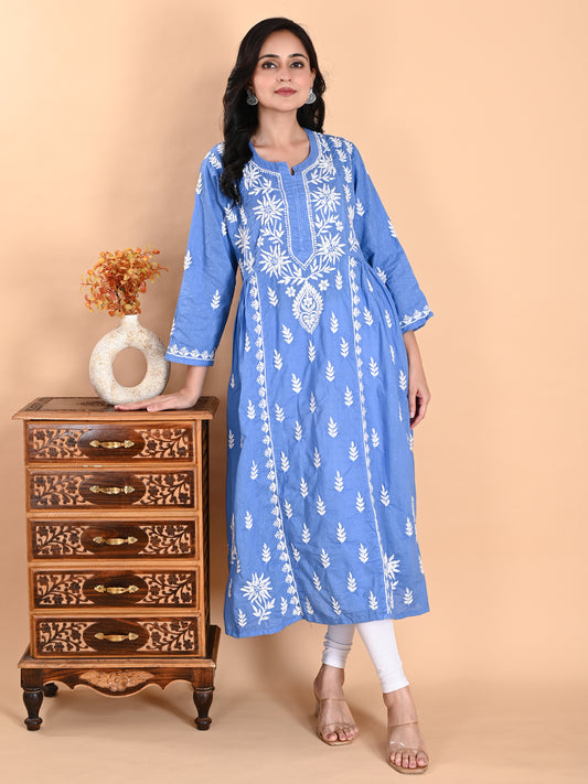 Blue Cotton Lucknowi Chikankari Long Gown Style Kurta for Women with White Hand Embroidery – Ethnic Wear Kurti