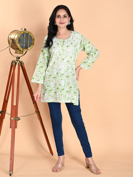 Green Mul Cotton Lucknowi Chikankari Short Kurti for Women with Hand Embroidery – Casual Ethnic Wear Top