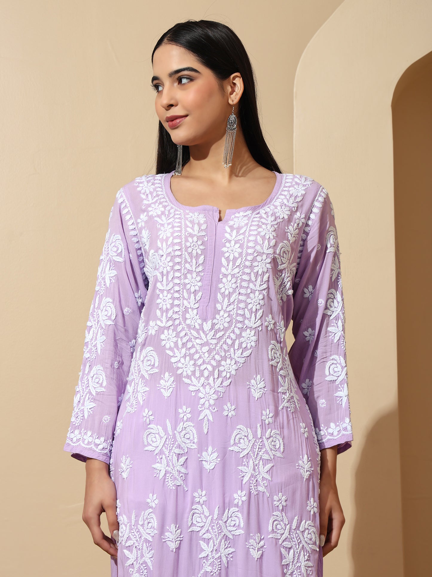 Lilac Modal Lucknowi Chikankari Kurti for Women with 3D Hand Embroidery – Long Ethnic Wear Kurta