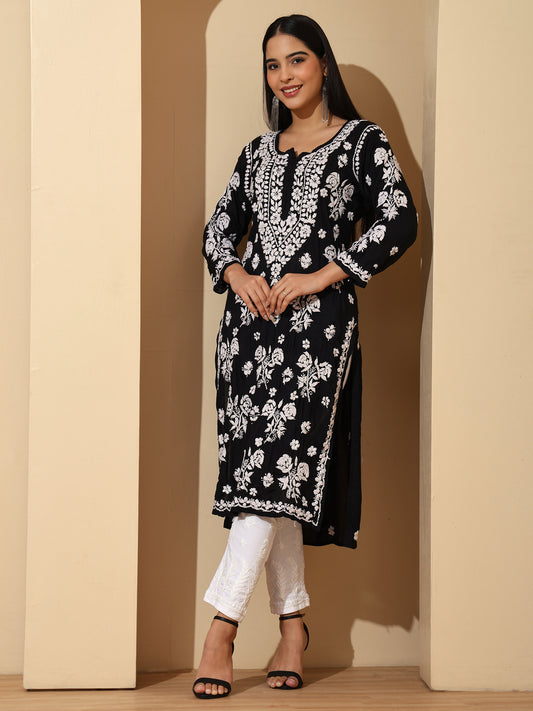 Black Modal Lucknowi Chikankari Kurti for Women with 3D Hand Embroidery – Long Ethnic Wear Kurta