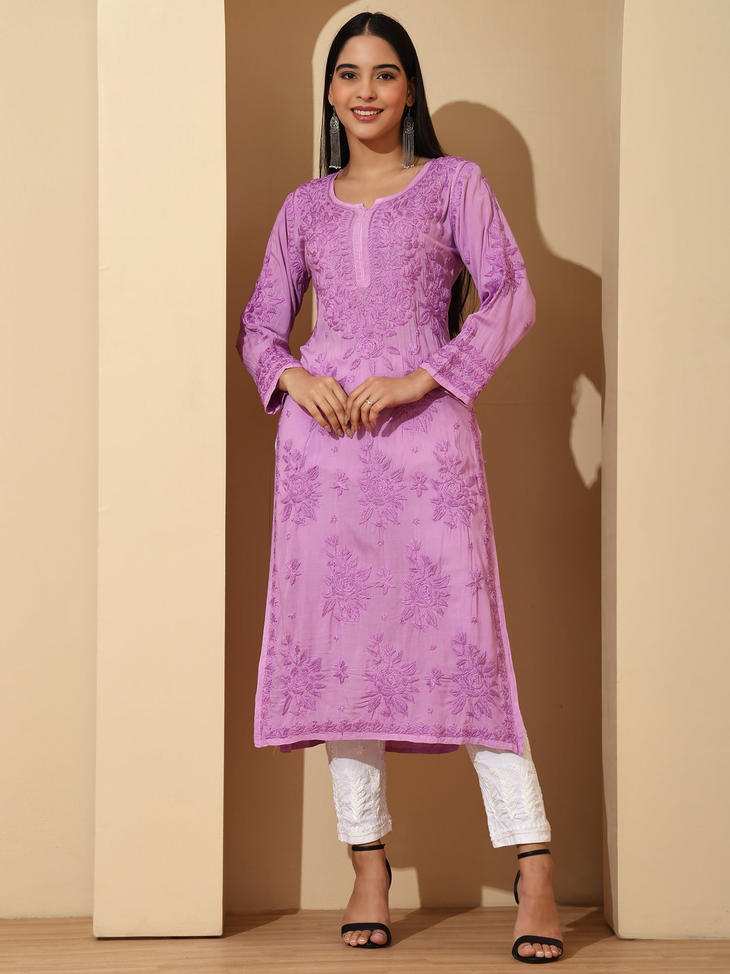 Lavender Modal Lucknowi Chikankari Kurti for Women with 3D Hand Embroidery – Long Ethnic Kurta