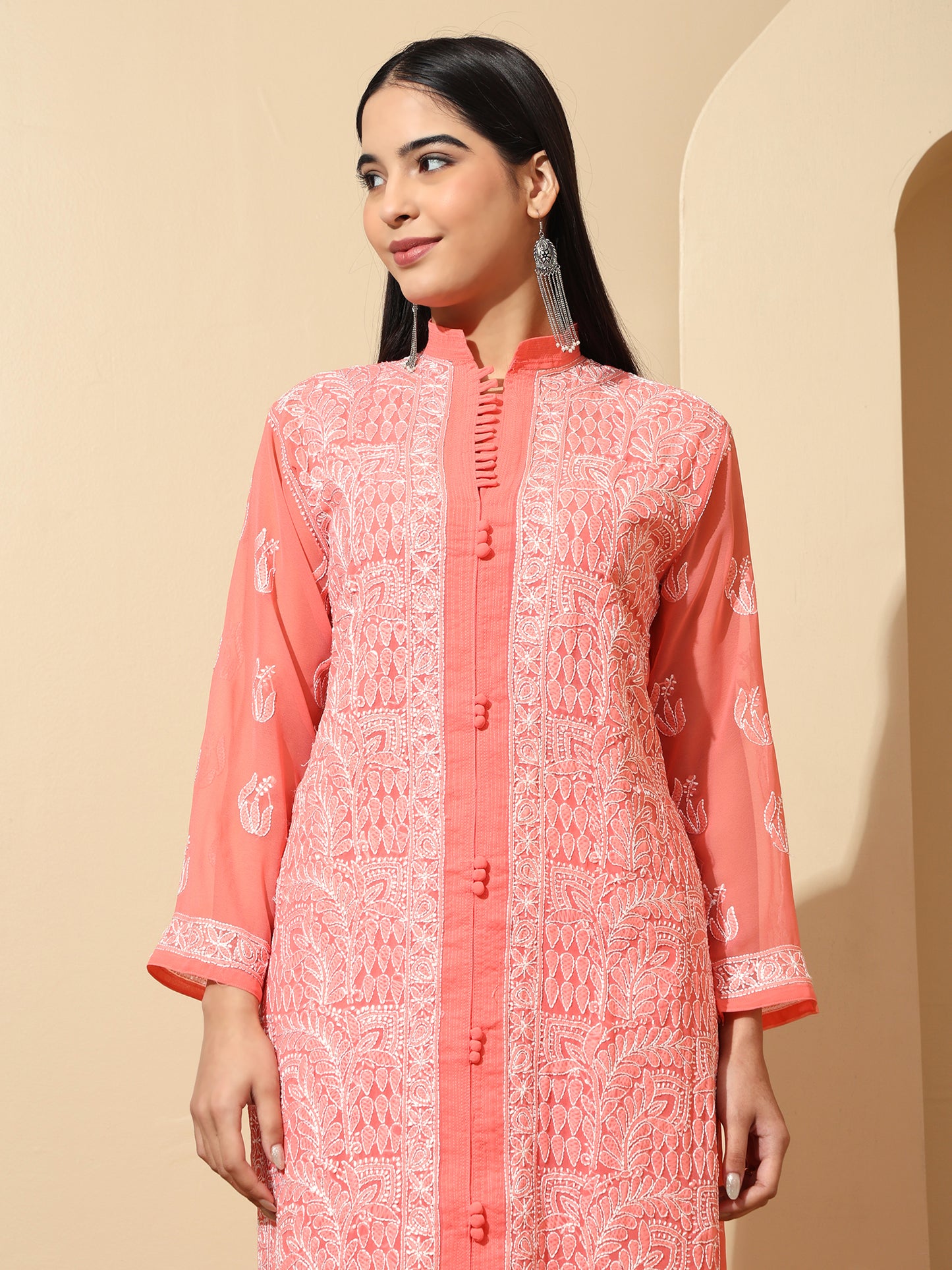 Peach Georgette Lucknowi Chikankari Long Kurta for Women with Matching Inner and Hand Embroidery – Ethnic Wear Kurti