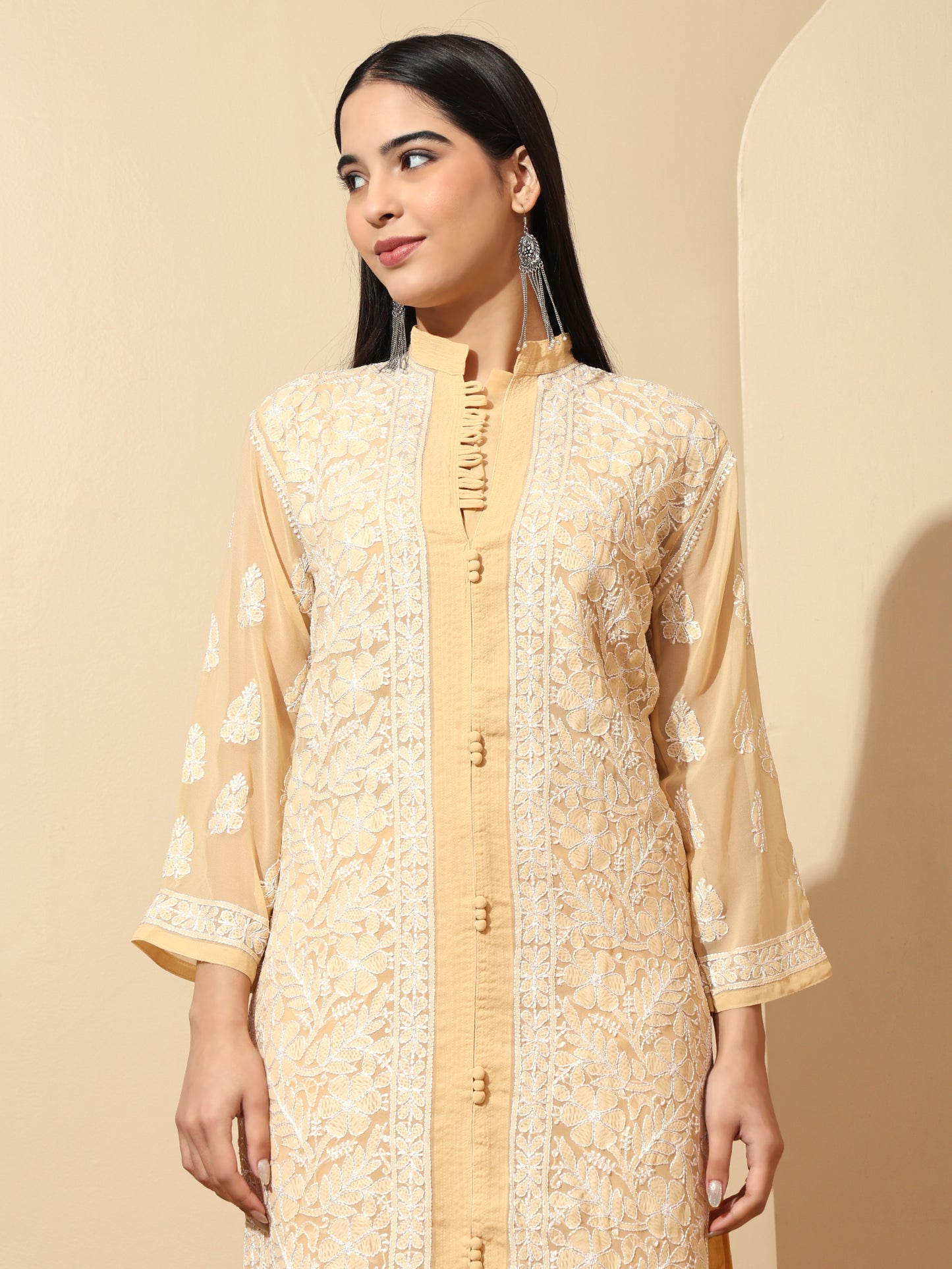 Biege Georgette Lucknowi Chikankari Long Kurta for Women with Matching Inner and Hand Embroidery – Ethnic Wear Kurti