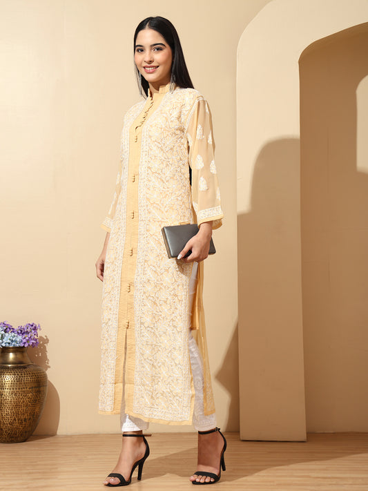 Biege Georgette Lucknowi Chikankari Long Kurta for Women with Matching Inner and Hand Embroidery – Ethnic Wear Kurti