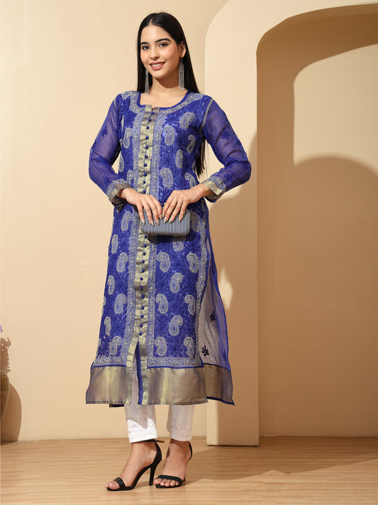 Blue Kota Chanderi Lucknowi Chikankari Long Kurta for Women with Hand Embroidery – Handmade Ethnic Wear Kurti