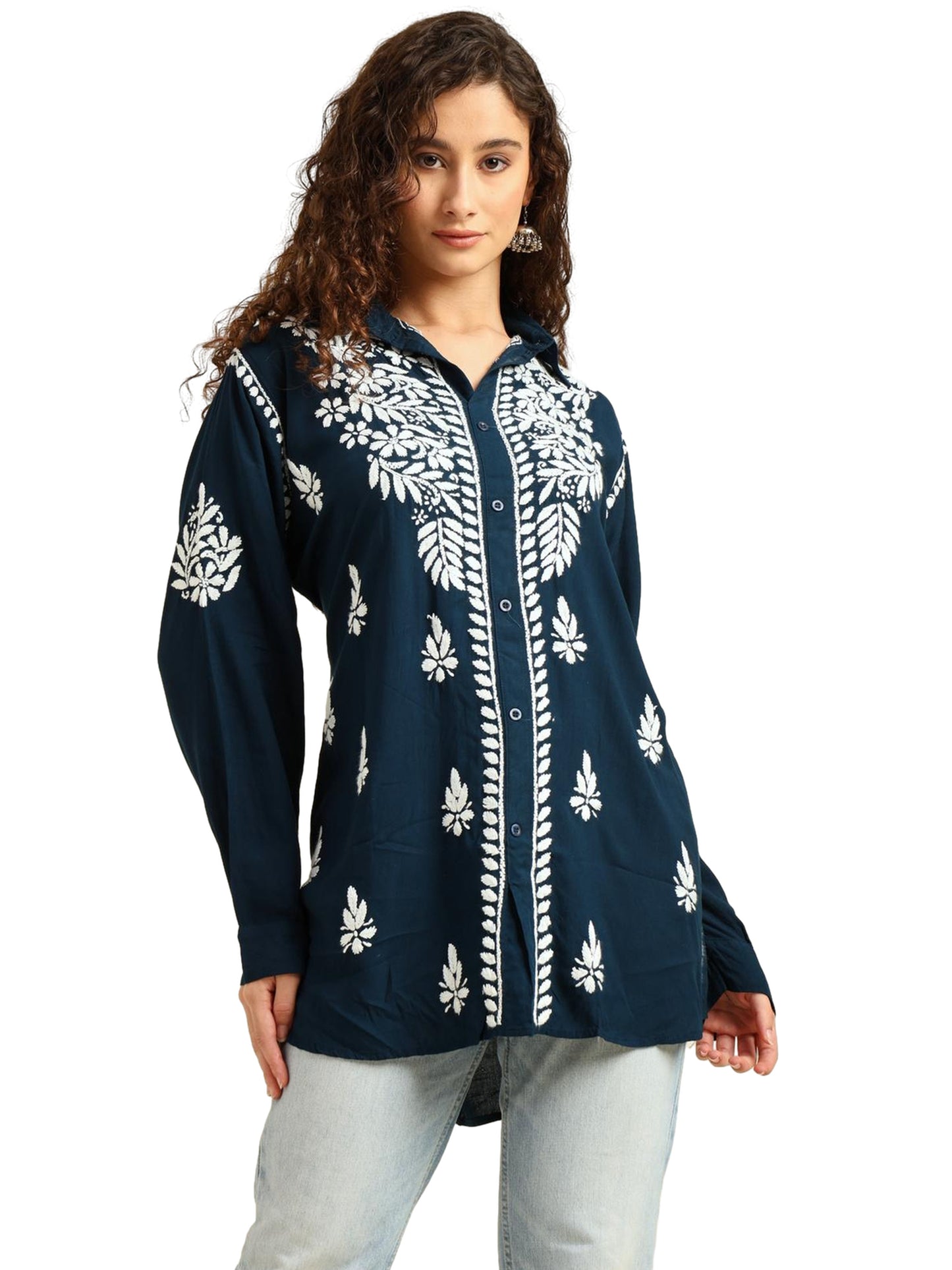 Nazaira Navy Blue Rayon Lucknowi Chikankari Shirt Style Kurti for Women with White Hand Embroidery – Ethnic Kurta Top