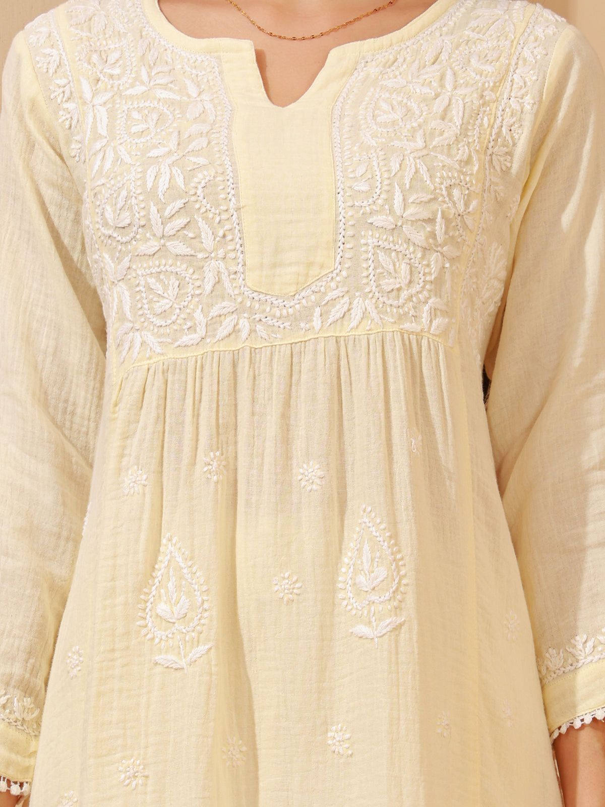 Nazaira Women's Cream Cotton Chikankari Kurta | Lucknowi Hand Embroidered Long Kurti with Pockets | Double Gauze Cotton Ethnic Wear | Modern Traditional Handwork Kurta