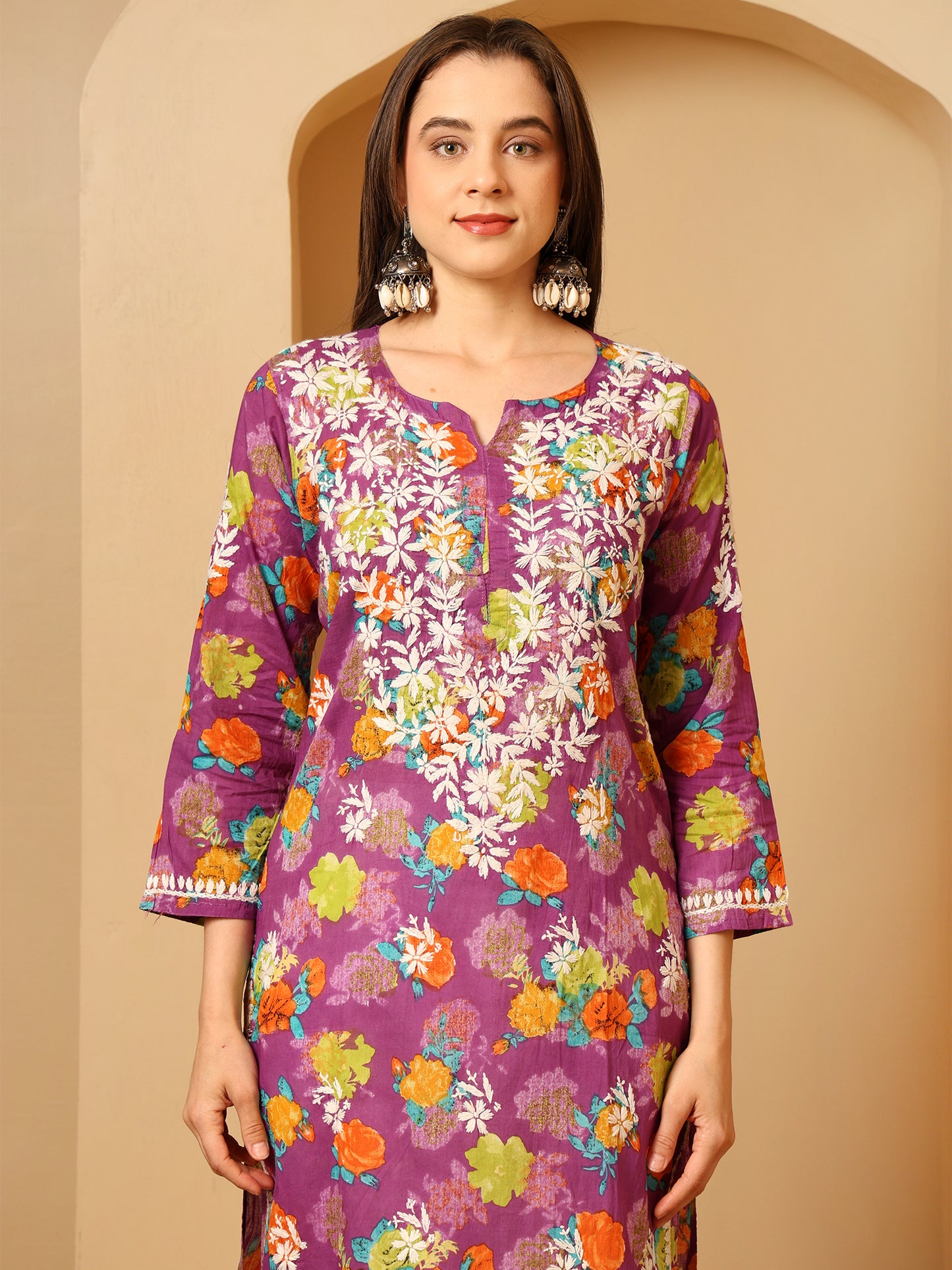 Nazaira Women’s Purple MUL Cotton Lucknowi Chikankari Long Kurti | Hand-Embroidered Floral Printed Cotton Kurta | Elegant Ethnic Wear for Women | Traditional Lucknow Chikan Work |