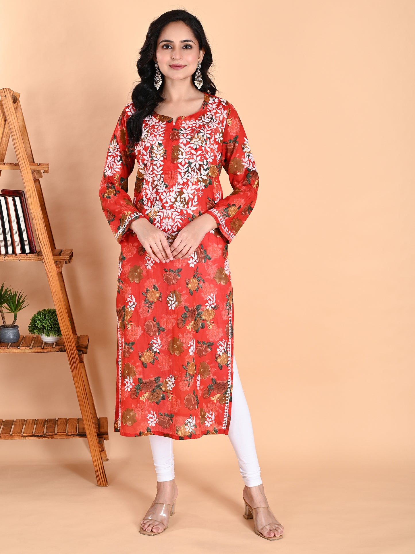 Red Mul Cotton Lucknowi Chikankari Floral Printed Long Kurti for Women with Hand Embroidery – Elegant Ethnic Wear Kurta