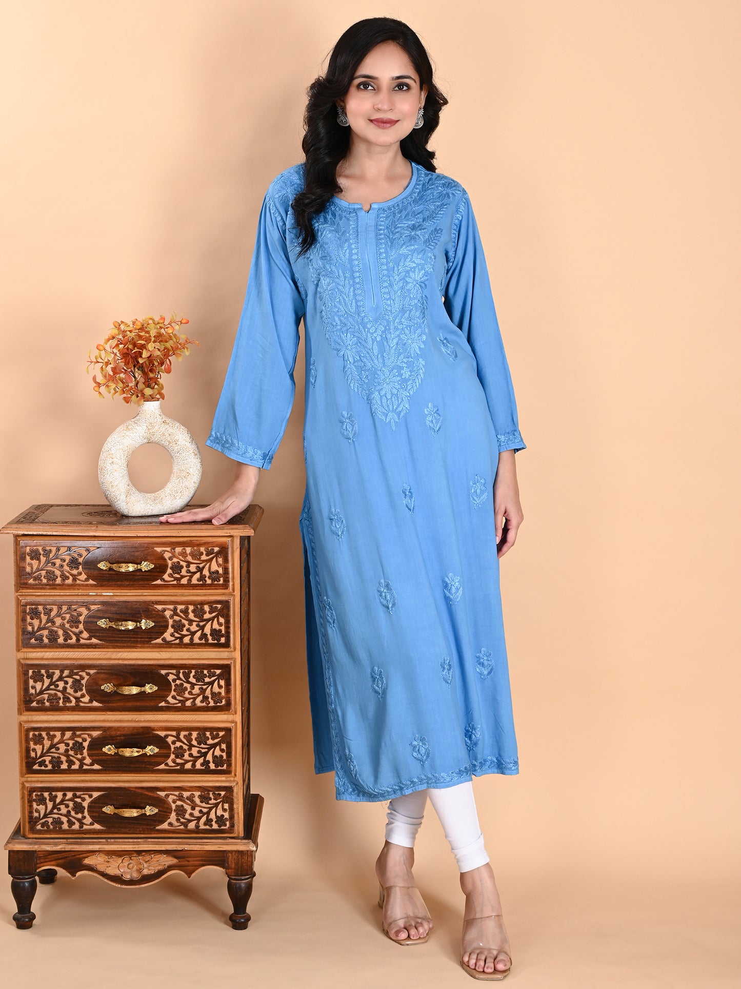 Blue Rayon Lucknowi Chikankari Long Kurta for Women with Hand Embroidery – Elegant Traditional Ethnic Wear Kurti