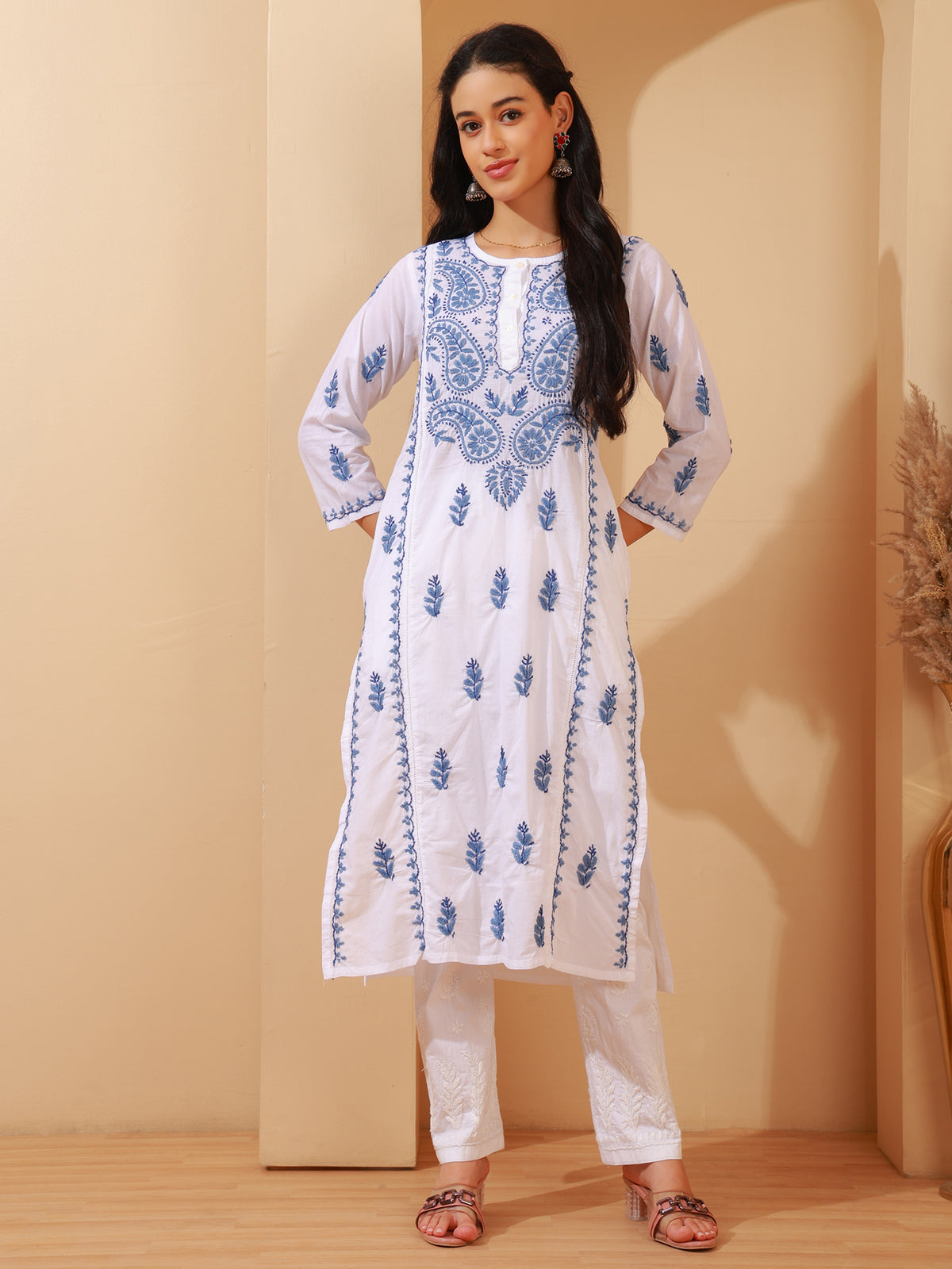 Nazaira Cotton Chikankari Kurta for Women | White Long Kurti with Blue Hand Embroidery | Lucknowi Chikankari Handwork Ethnic Wear | Handmade Cotton Kurta with Pocket