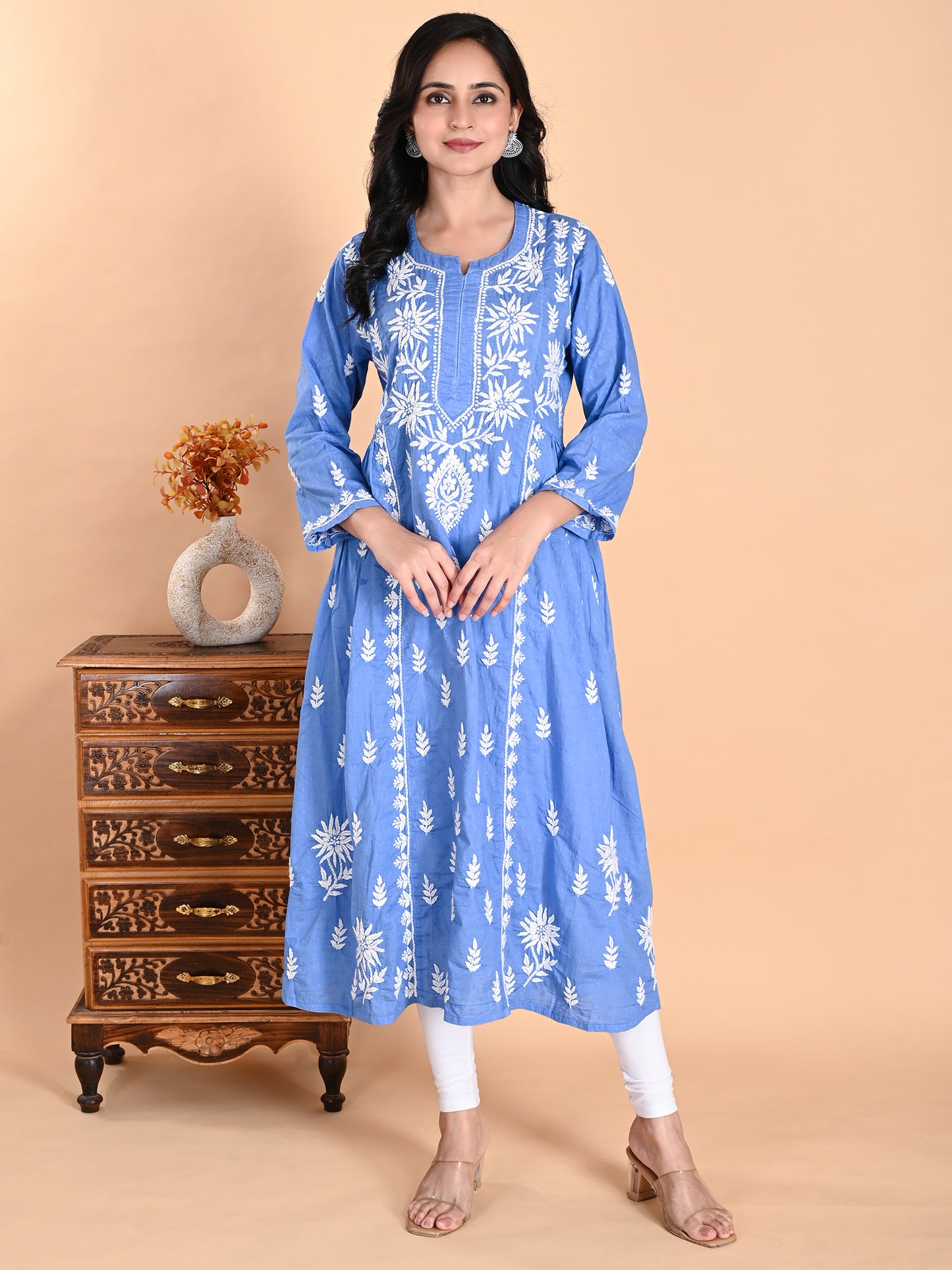 Blue Cotton Lucknowi Chikankari Long Gown Style Kurta for Women with White Hand Embroidery – Ethnic Wear Kurti