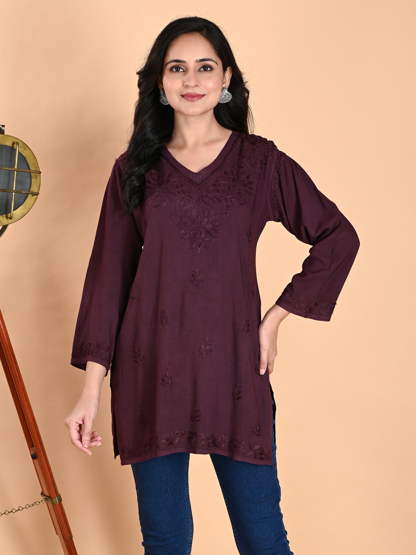 Wine Rayon Lucknowi Chikankari Short Kurti for Women with Hand Embroidery – Ethnic Daily Wear Tunic Top