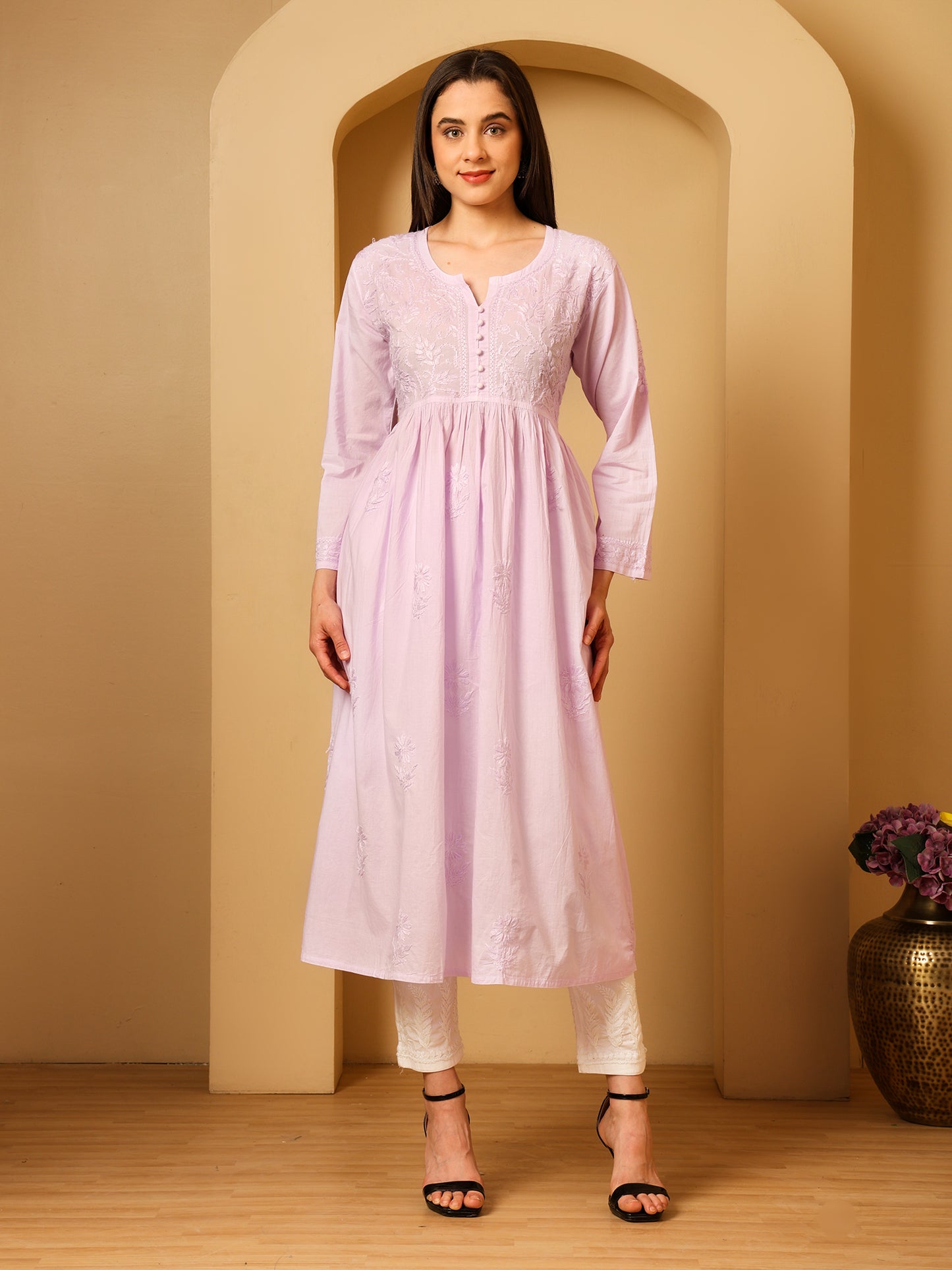 Nazaira Women’s Cotton Chikankari Kurta Gown Style Lavender | Hand Embroidered Lucknow Chikankari Kurti | Ethnic Wear for Women | Long Anarkali Kurta | Handmade Cotton Kurta