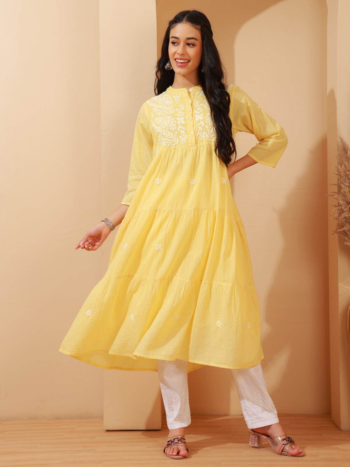 Nazaira Women’s Cotton Lucknow Chikankari Gown Style Long Kurta with Pockets | Butter Yellow Hand Embroidered Ethnic Wear | Handmade Lucknowi Chikankari Kurti | Traditional Handwork