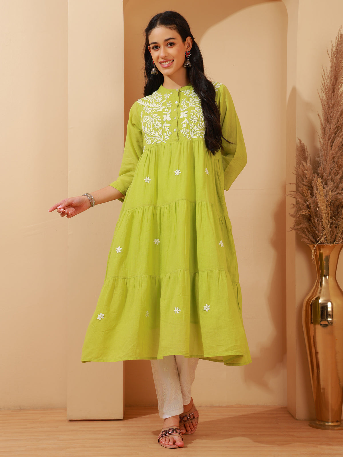 Nazaira Women’s Cotton Lucknow Chikankari Gown Style Long Kurta with Pockets | Green Hand Embroidered Ethnic Wear | Handmade Lucknowi Chikankari Kurti | Traditional Handwork