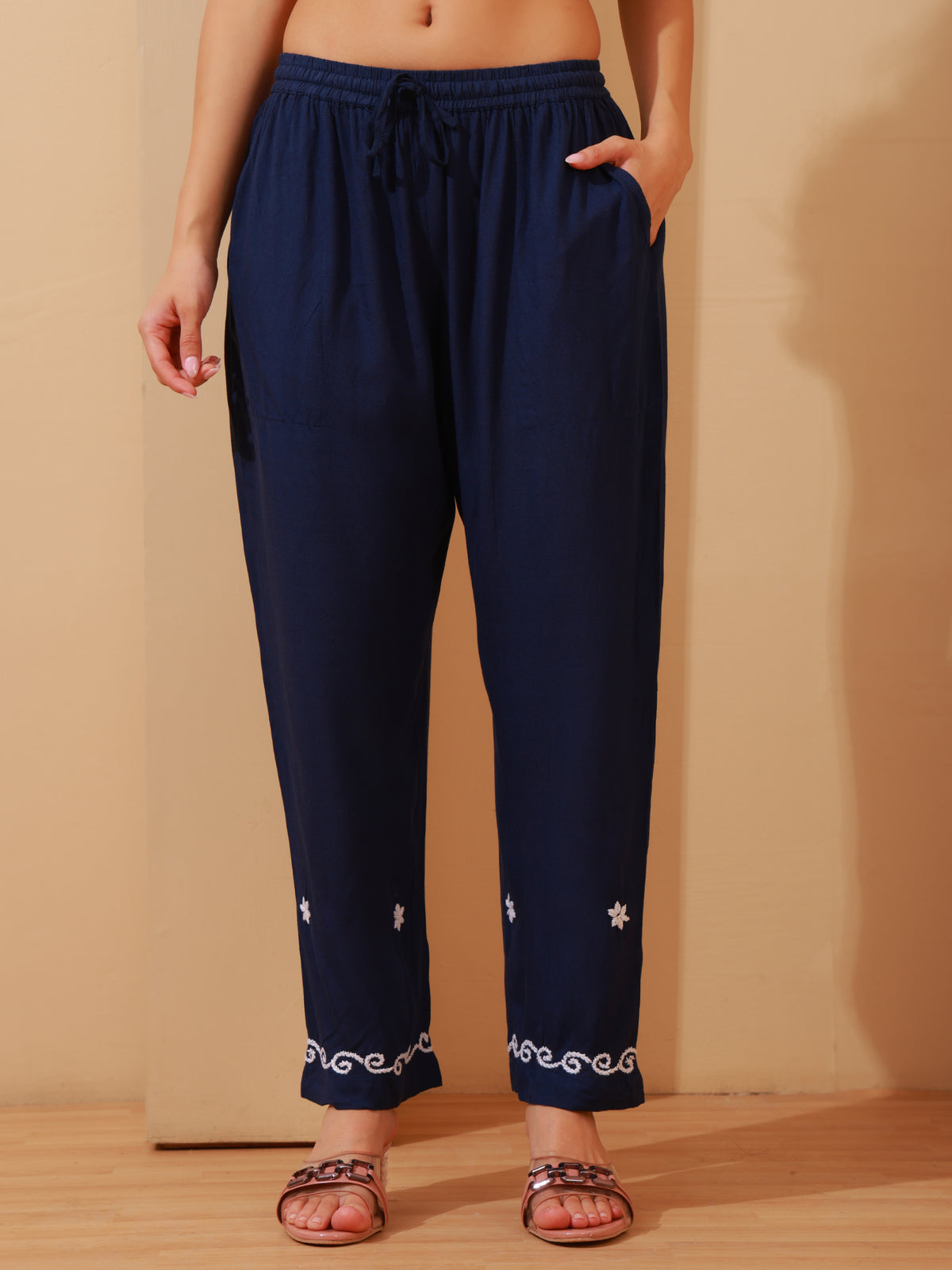 Nazaira Rayon Chikankari Kurta Pant Set for Women | Navy Blue Lucknowi Hand Embroidery Long Kurti with Pant & Pockets | Handmade Ethnic Wear for Women | Modern Traditional Handwork