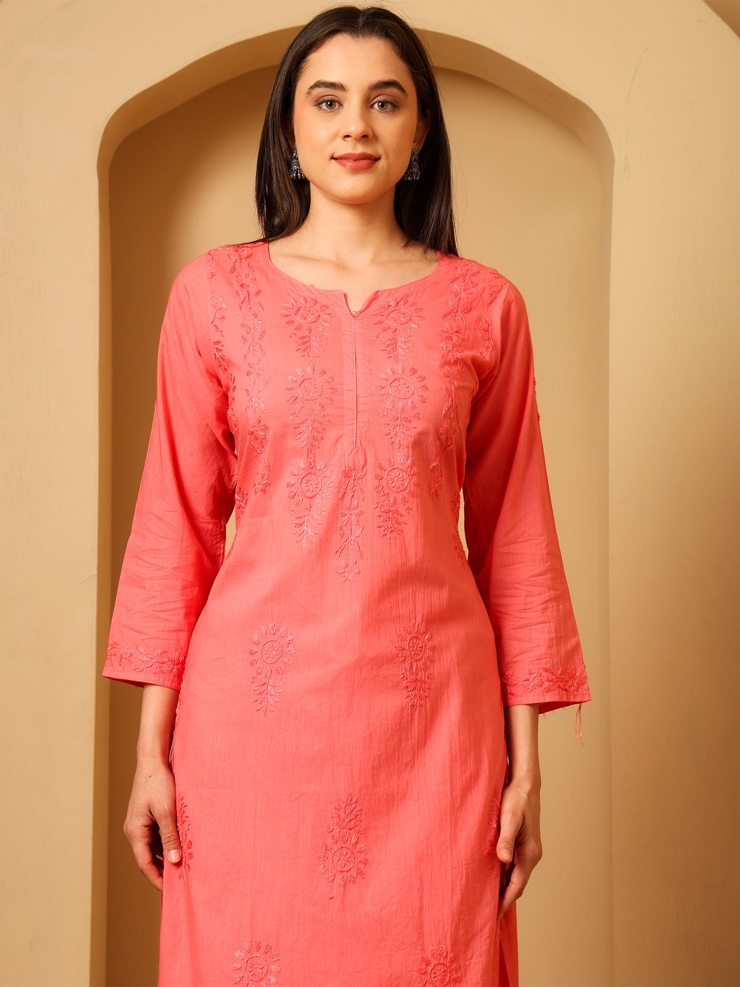 Nazaira Cotton Chikankari Kurta Palazzo Set for Women | Hand Embroidered Lucknowi Chikankari Kurti with Palazzo | Ethnic Wear Long Kurta Set (Pink) | Handmade Cotton Kurta for Women