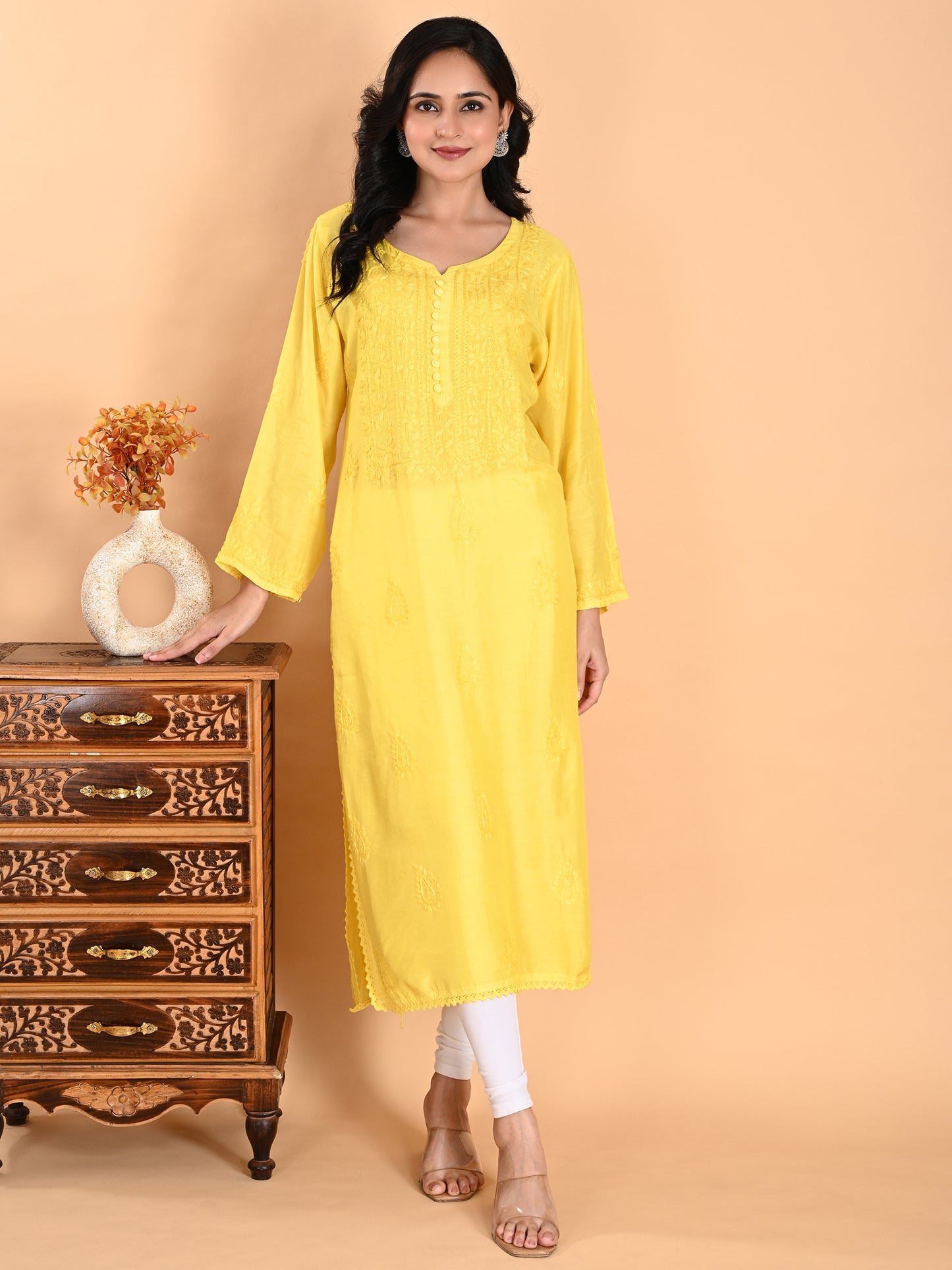 Yellow Muslin Lucknowi Chikankari Long Kurta for Women with Hand Embroidery – Elegant Traditional Ethnic Wear Kurti