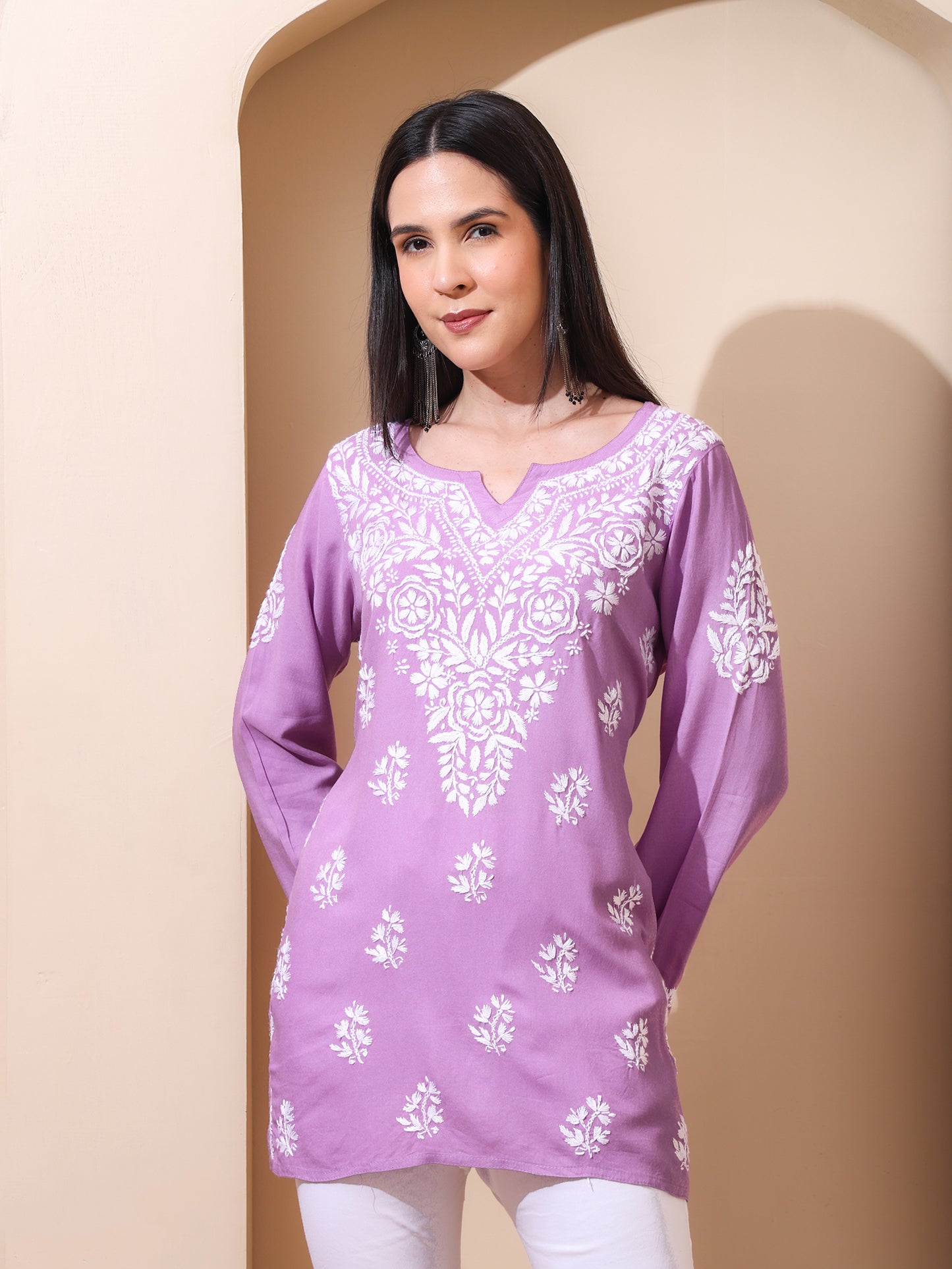 Nazaira Women’s Rayon Lucknow Chikankari Short Kurta | Handmade Hand Embroidered Luckhnawi Kurti for Women | Ethnic Wear Tunic Top for Daily, Casual Lavender