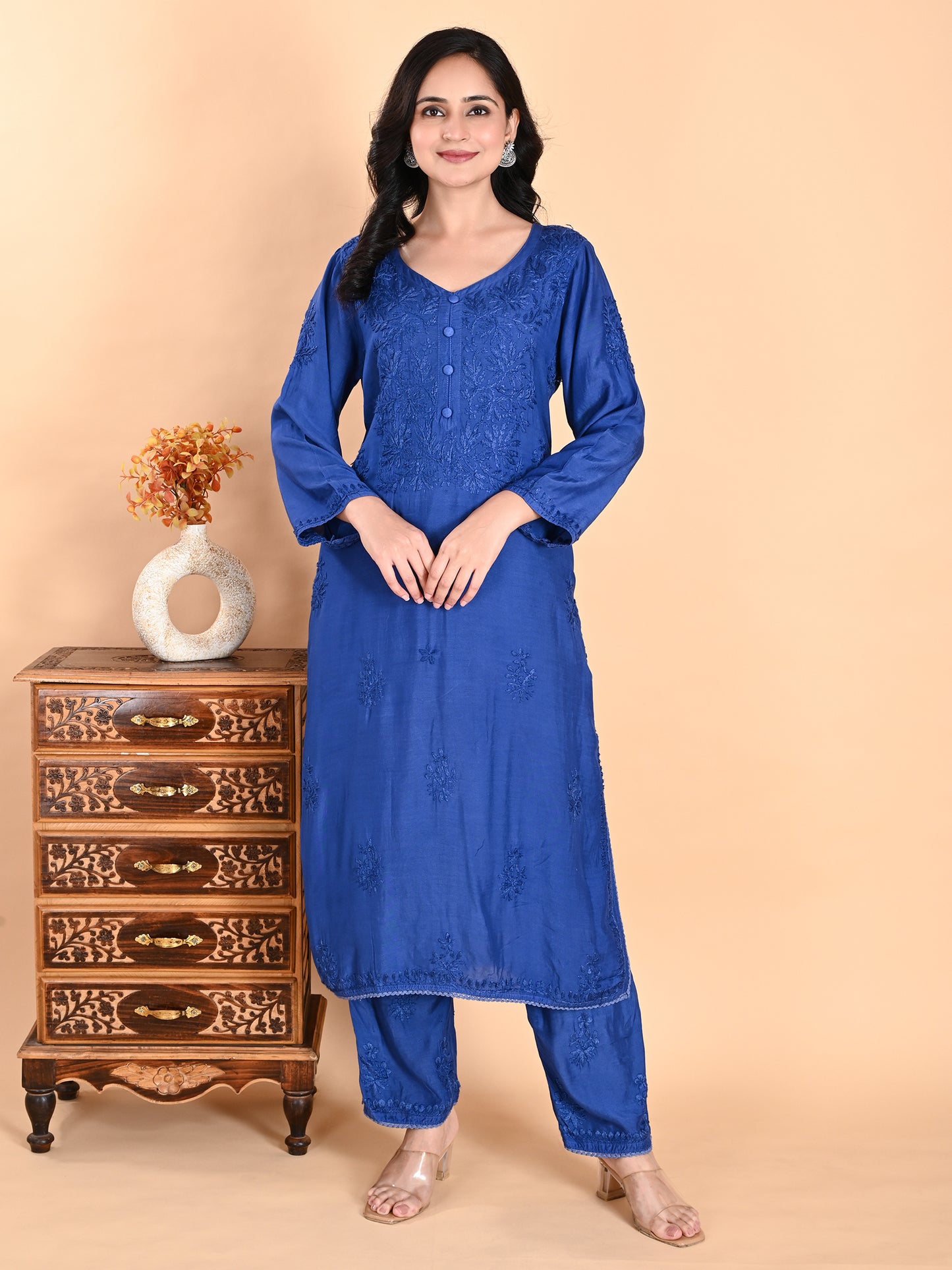 Blue Muslin Lucknowi Chikankari Kurta Set with Pajama for Women with Hand Embroidery – Festive Ethnic Wear Long Kurti Set