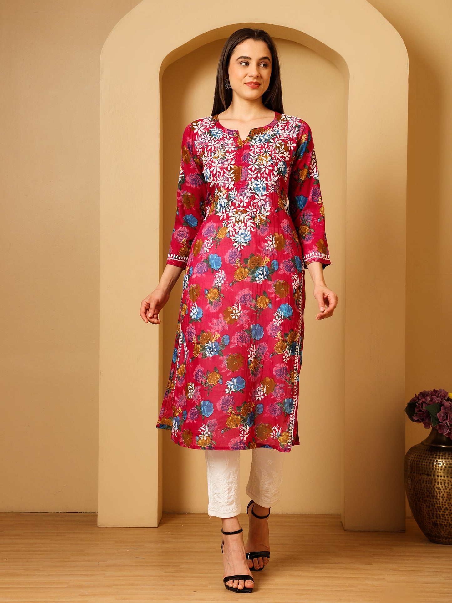 Nazaira Women’s Magenta Mul Cotton Lucknowi Chikankari Long Kurti | Hand-Embroidered Floral Printed Cotton Kurta | Elegant Ethnic Wear for Women | Traditional Lucknow Chikan Work |