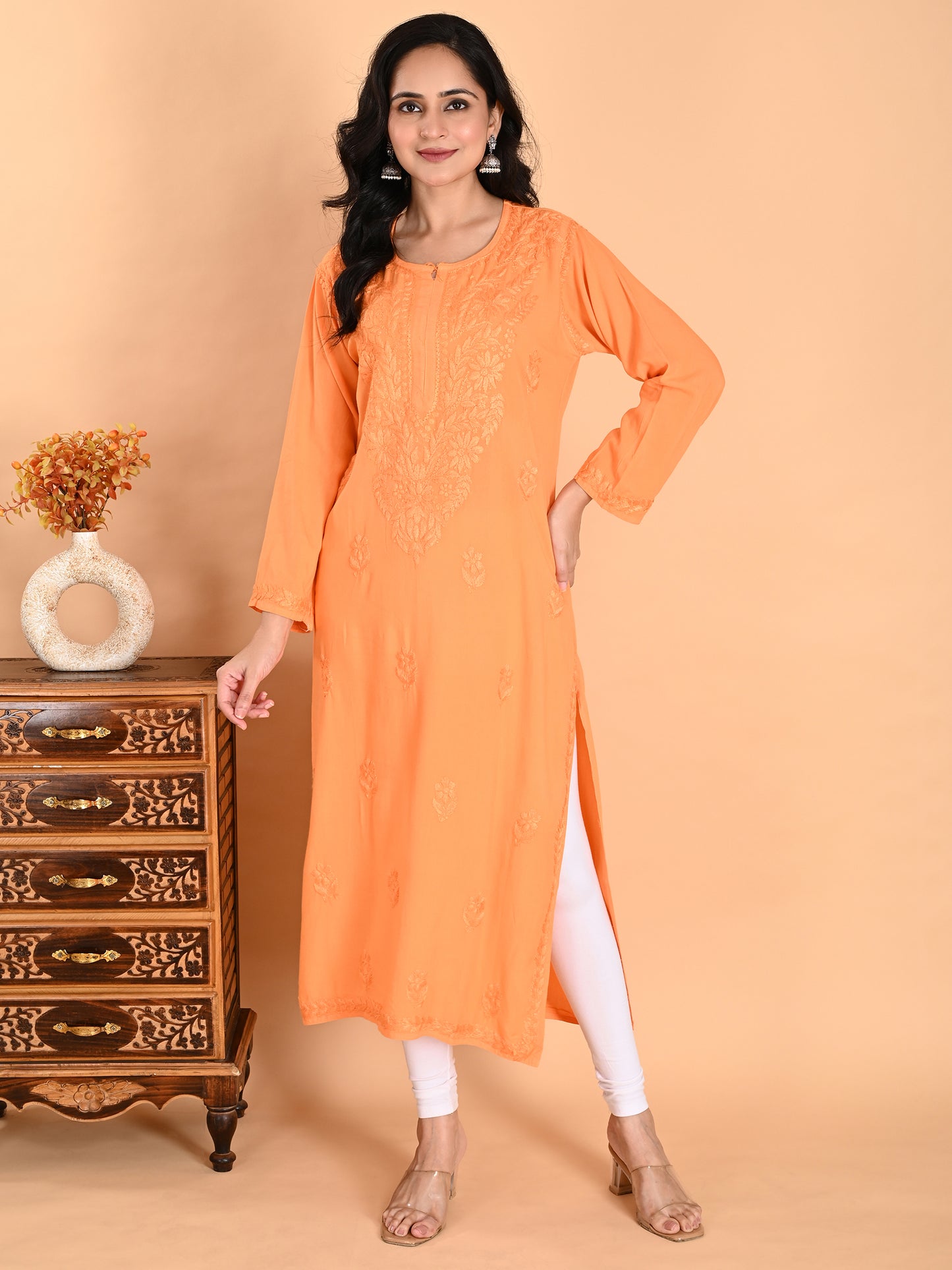 Orange Rayon Lucknowi Chikankari Long Kurta for Women with Hand Embroidery – Elegant Traditional Ethnic Wear Kurti