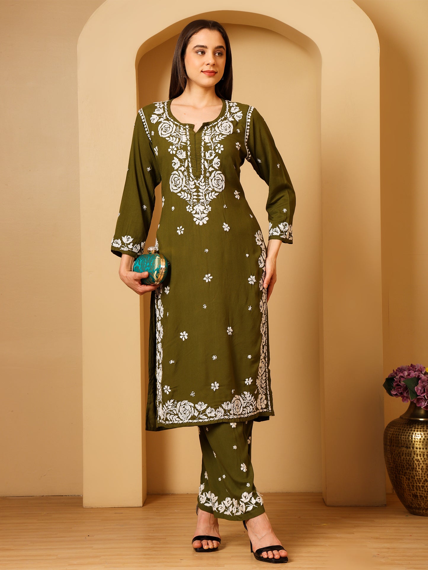 Nazaira Women’s Rayon 3D Work Lucknow Chikankari Kurta with Palazzo Set | Hand Embroidered Lucknawi Chickankari Kurti | Ethnic Wear for Women | Mehndi Green |