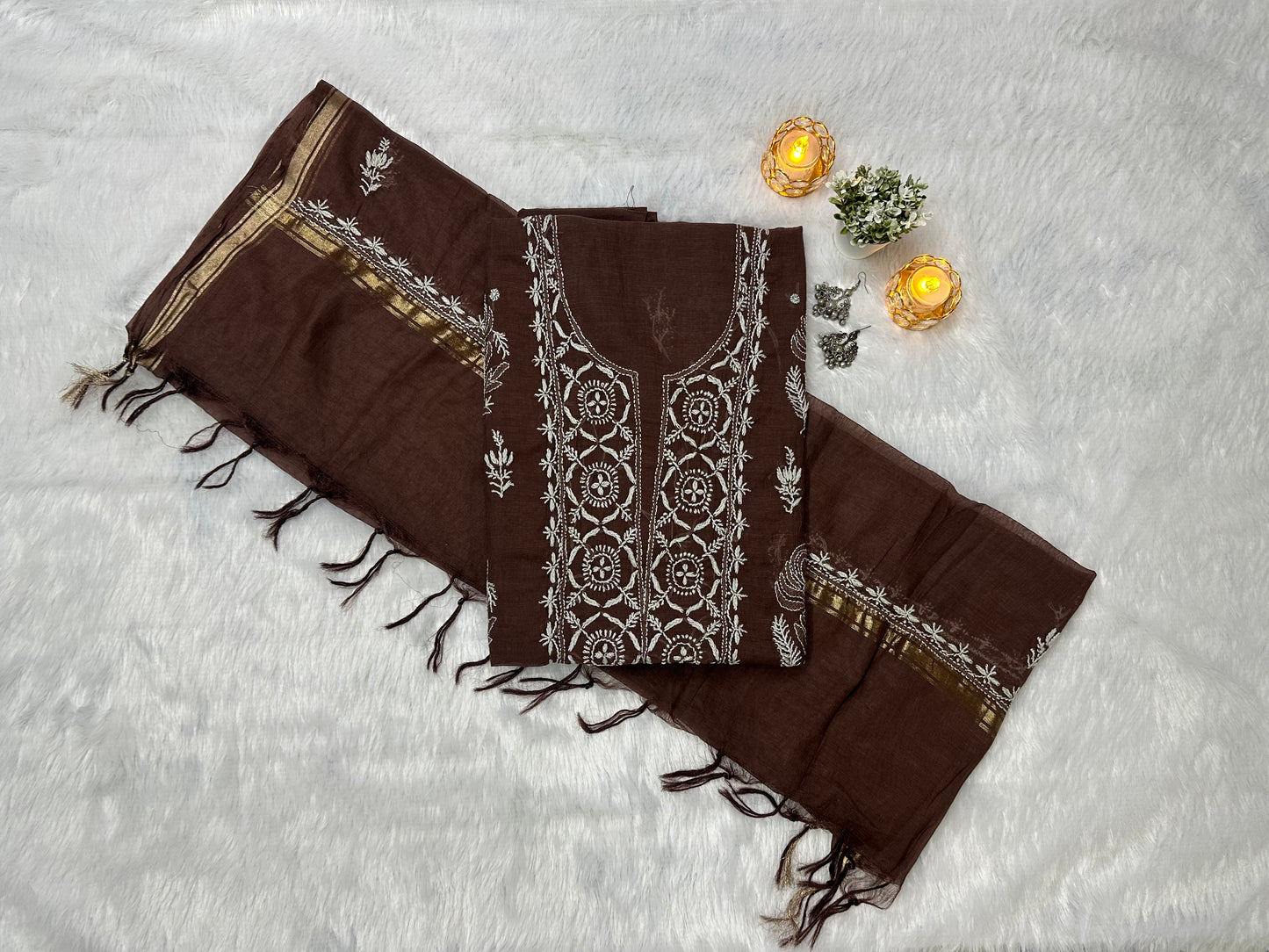 Pure Mul Chanderi Lucknowi Chikankari Unstitched Suit for Women with Dupatta – Hand Embroidered Ethnic Dress Material (2 Piece Set) - Brown
