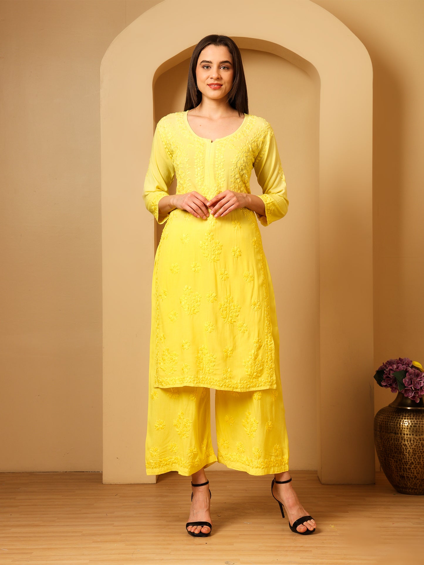 Nazaira Women’s Rayon Lucknow Chikankari Kurta Palazzo Set | Yellow Ombre Hand Embroidered Kurti Set | Ethnic Wear for Women | Handmade Luckhnawi Chickankari Kurta with Palazzo