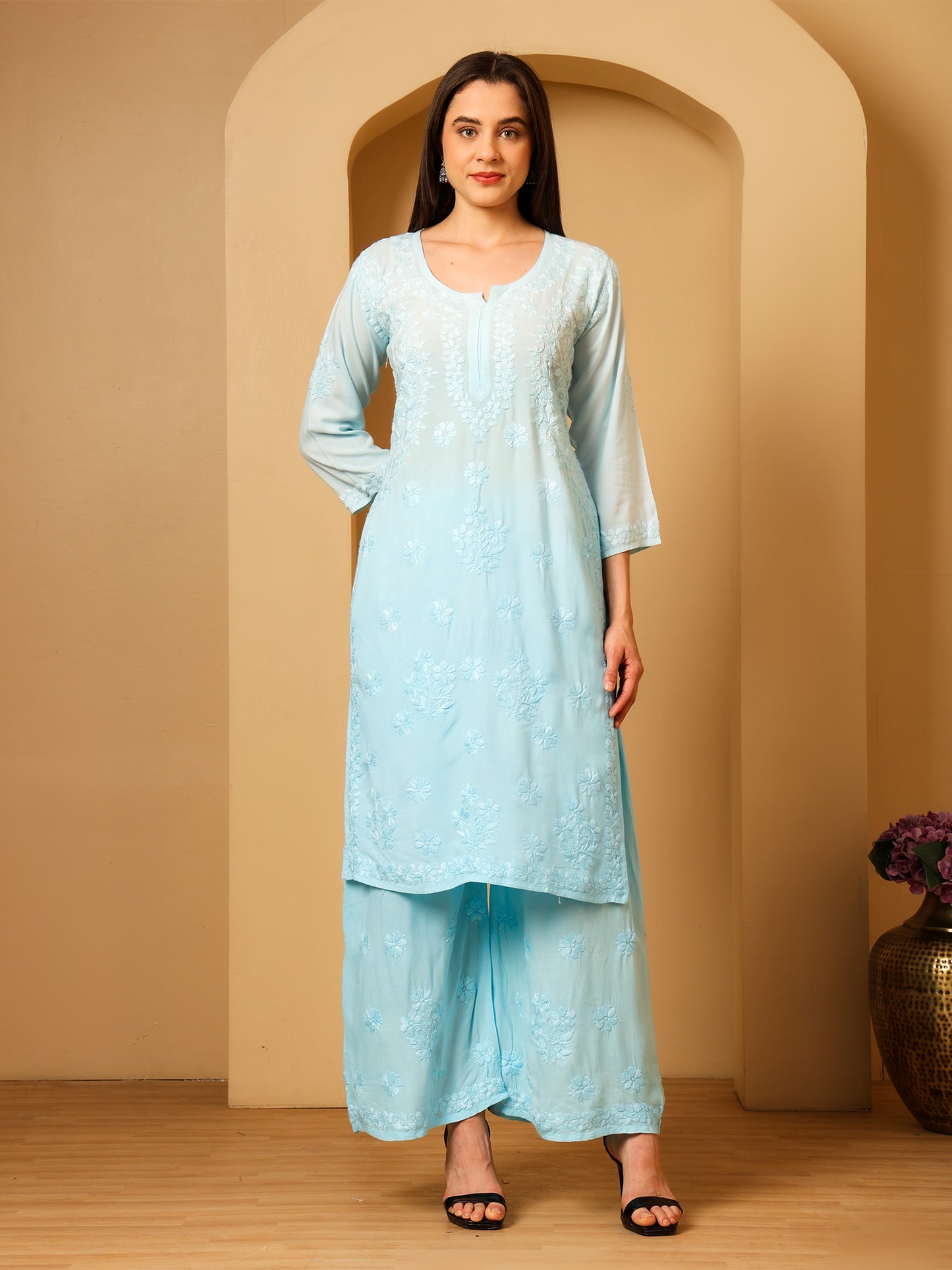 Nazaira Women’s Rayon Lucknow Chikankari Kurta Palazzo Set | Firozi Blue Ombre Hand Embroidered Kurti Set | Ethnic Wear for Women | Handmade Luckhnawi Chickankari Kurta with Palazzo