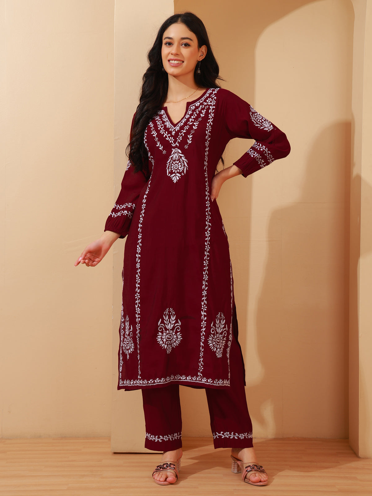 Nazaira Chanderi Chikankari Kurta Pant Set for Women | Maroon Long Kurti with Hand Embroidery | Lucknowi Chikankari Ethnic Wear | Matching Pants with Pockets | Traditional Handwork