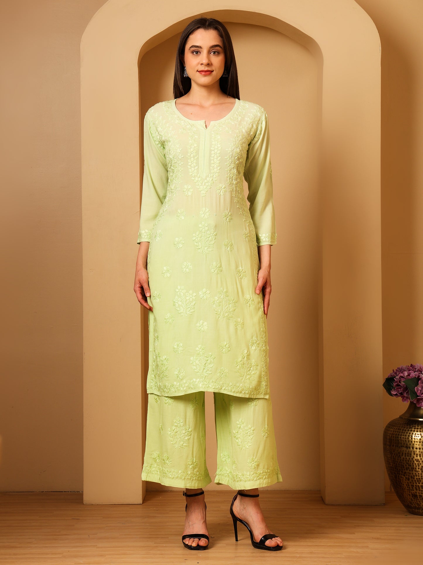 Nazaira Women’s Rayon Lucknow Chikankari Kurta Palazzo Set | Pista Green Ombre Hand Embroidered Kurti Set | Ethnic Wear for Women | Handmade Luckhnawi Chickankari Kurta with Palazzo