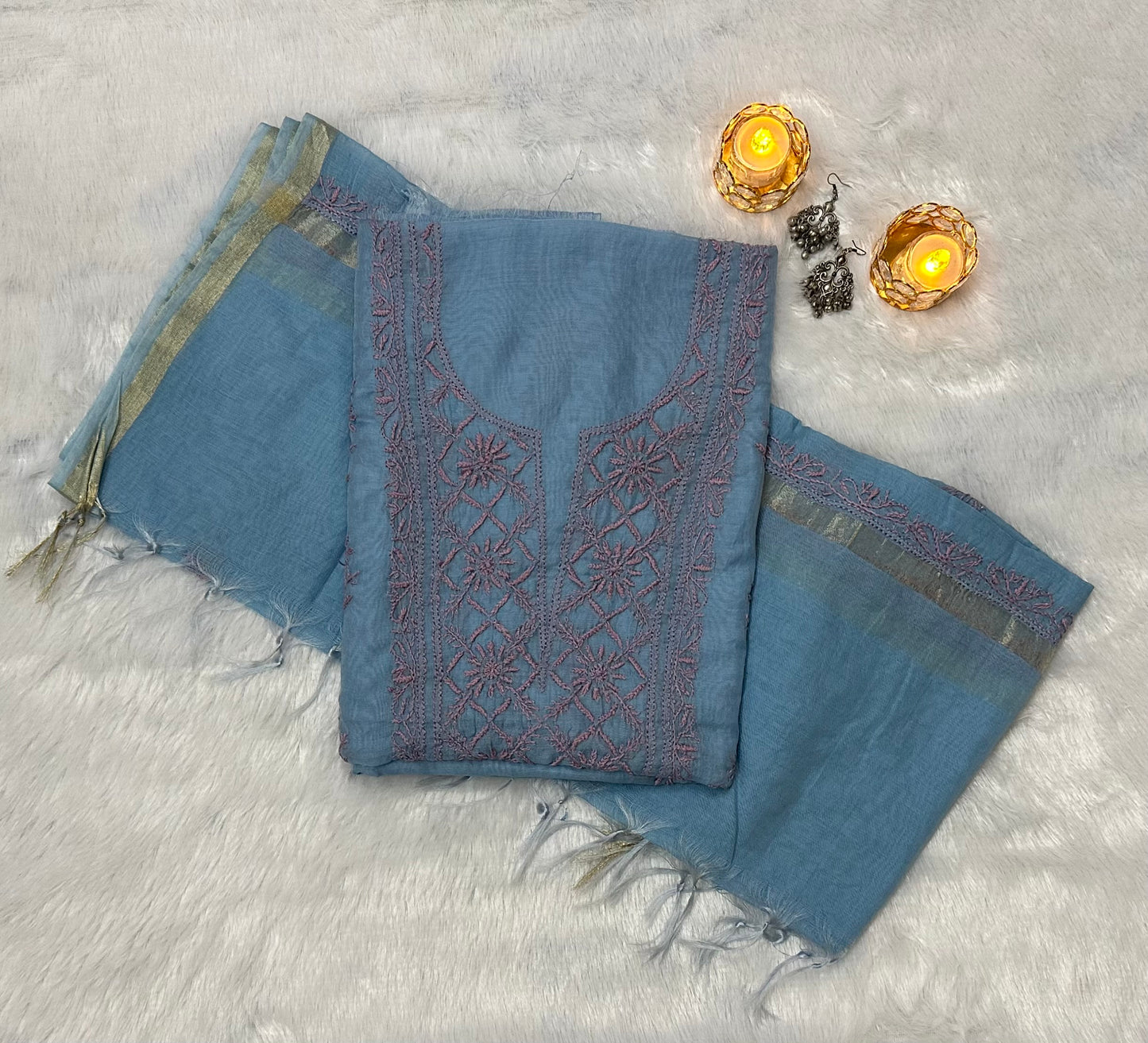 Pure Mul Chanderi Lucknowi Chikankari Unstitched Suit for Women with Dupatta – Hand Embroidered Ethnic Dress Material (2 Piece Set) - Sky Blue